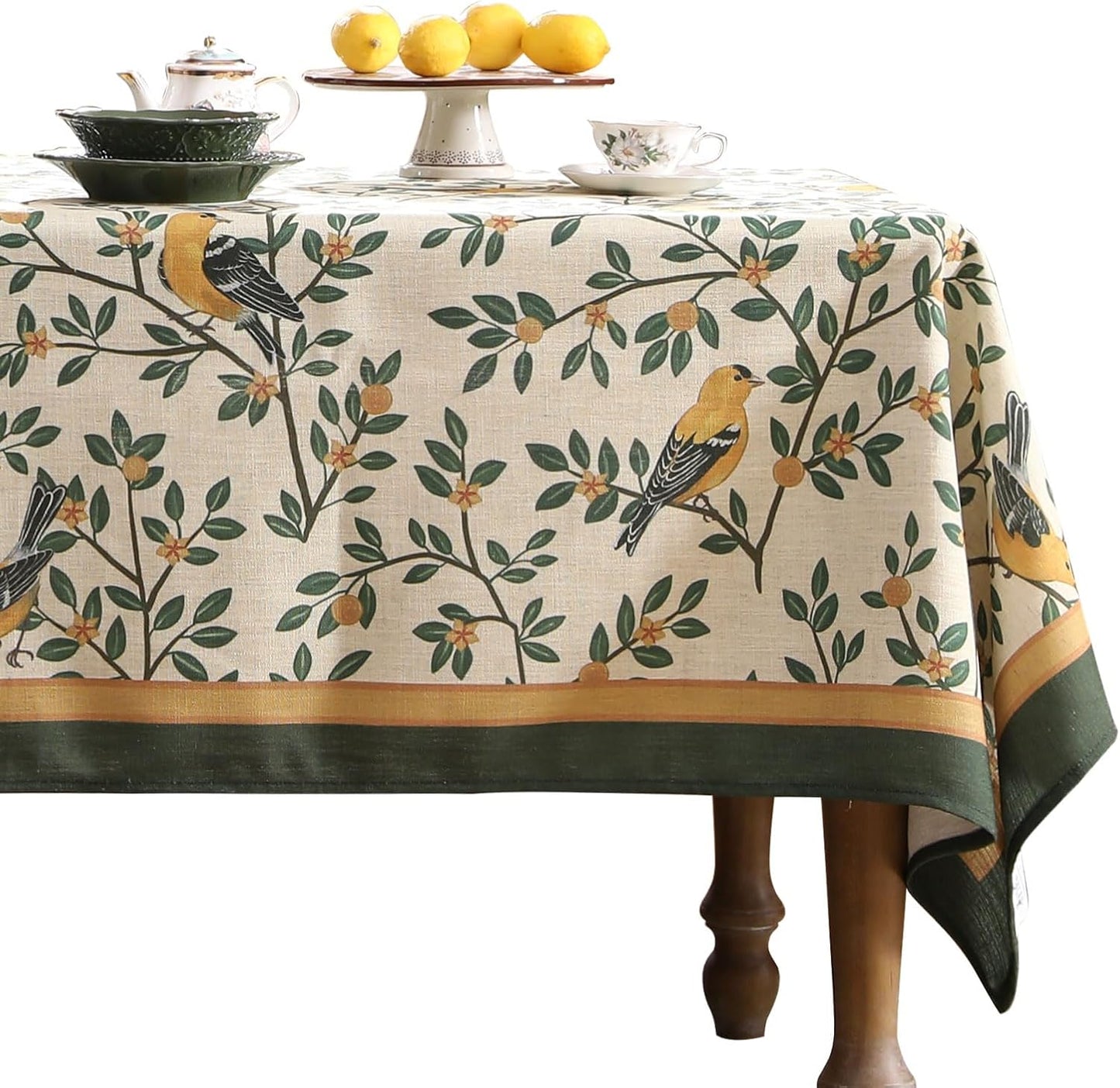 patdrea Designer Vintage French Small Rectangle Table Cloth,Green Linen Yellow Birds and Leaves Pattern Tablecloth,Decor Table Cover Kitchen Dining Christmas,Banquet,Thanksgiving,55"x71"-Warbler