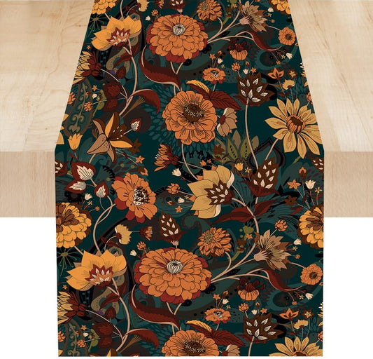 Orange Boho Floral Table Runner, Vintage Bohemian Home Kitchen Table Decoration for Birthday Party Picnic Decoration 13x70 Inch 1PCS