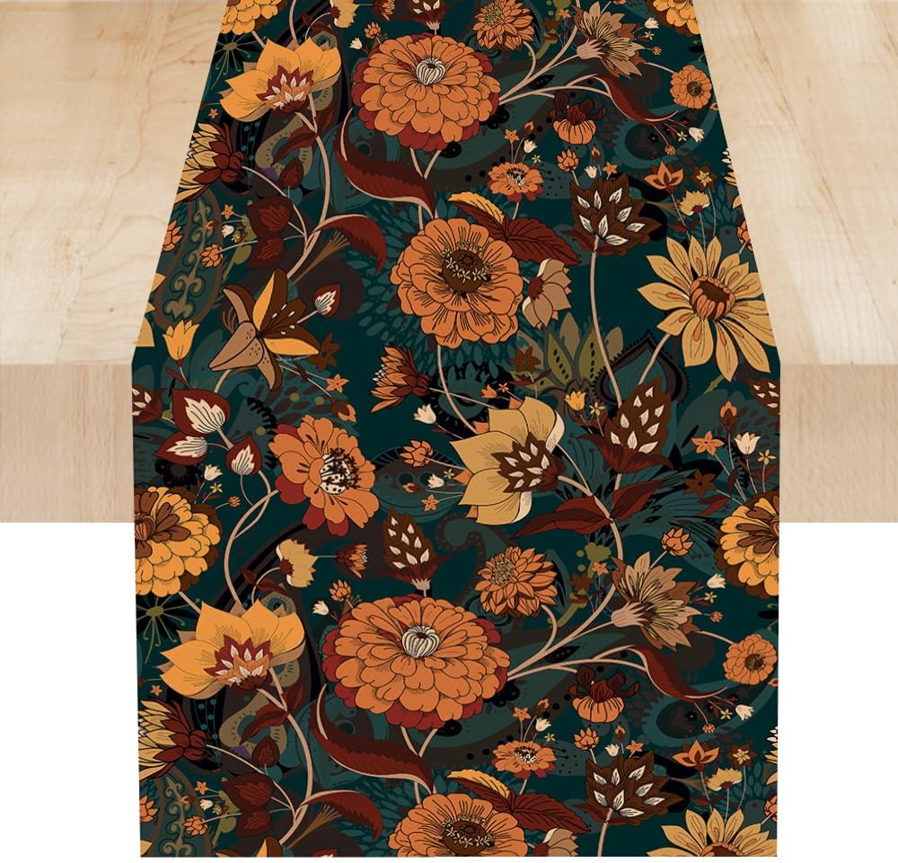 Orange Boho Floral Table Runner, Vintage Bohemian Home Kitchen Table Decoration for Birthday Party Picnic Decoration 13x120 Inch 1PCS