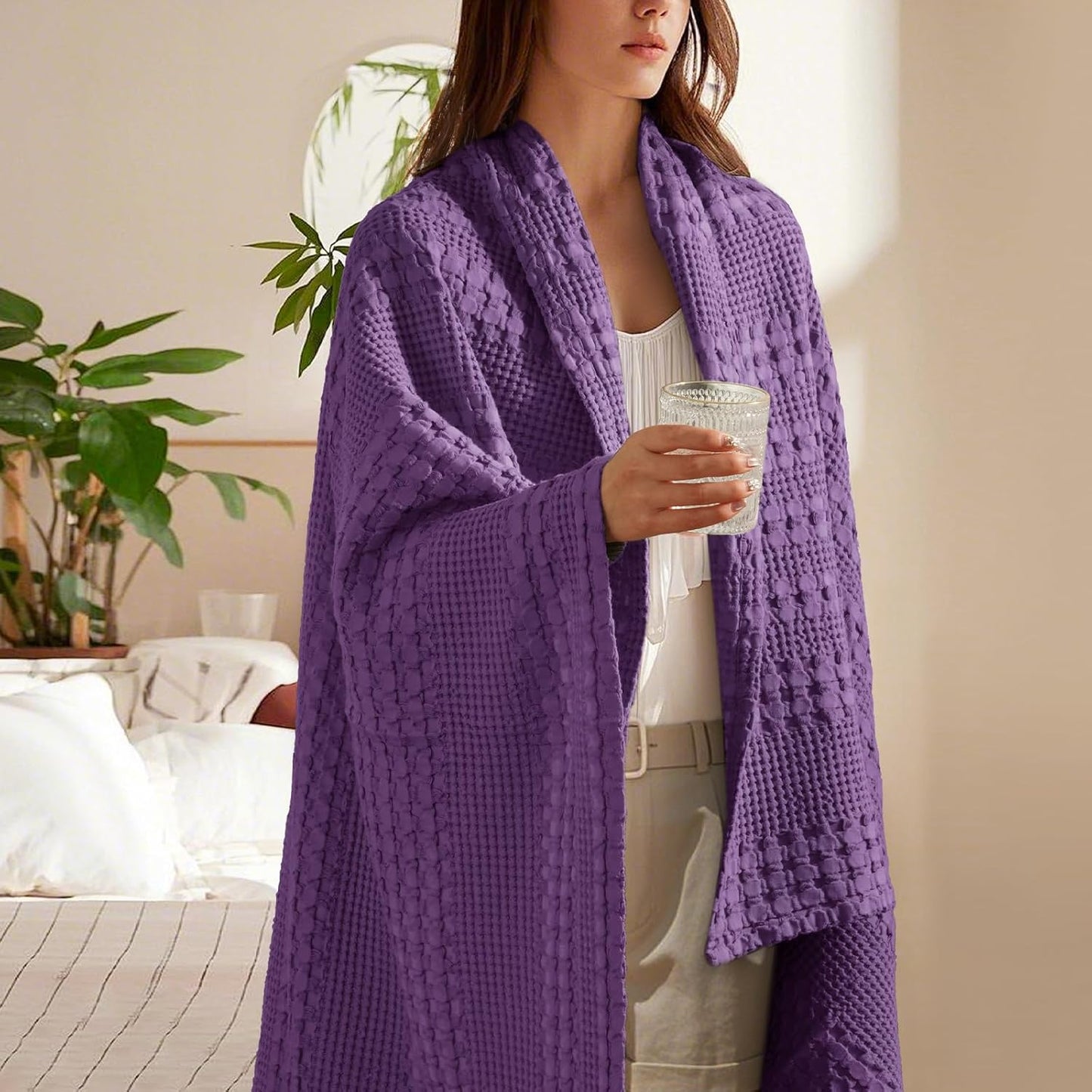 PHF 100% Cotton Waffle Weave Throw Blanket, Soft Lightweight Breathable Cozy Throws for Couch Bed Sofa, Luxury Aesthetic Woven Blanket for Home Decor & Office, 50"x60", Grape
