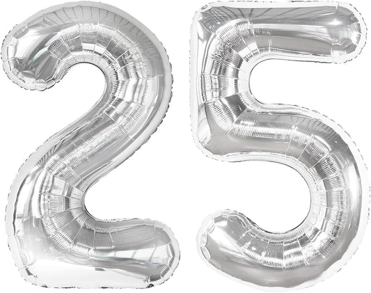 Silver 40 Inch Large Number 25 Birthday Balloon, 25th 25 Birthday Celebration Decorations, Foil 25 Mylar Helium Number 25 Balloons Girl Boy Anniversary Party Supplies