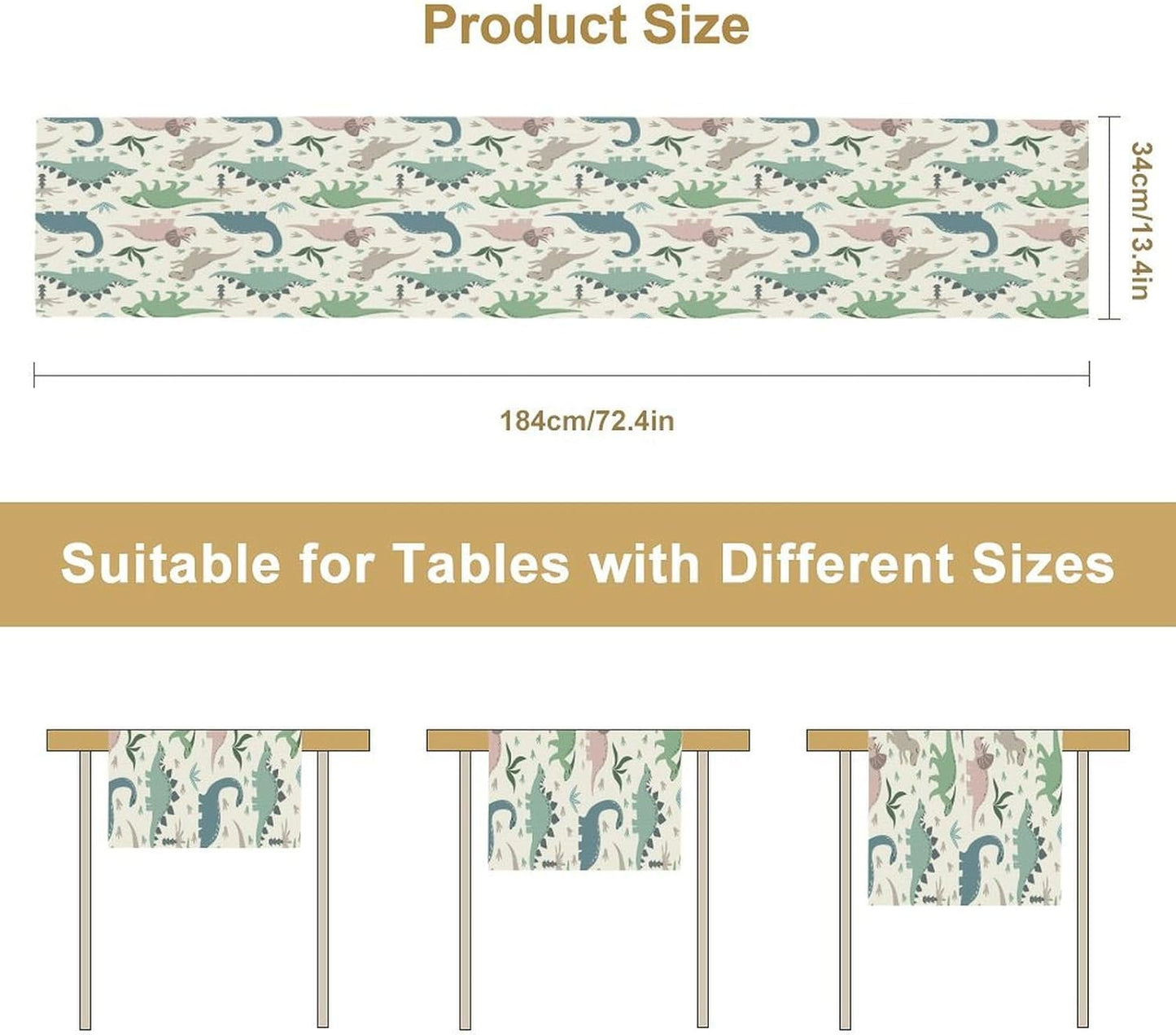 Cartoon Dinosaur Table Runner,Kids Boys Cute Colorful Animal Dino Abstract Print Tablecloth Burlap for Hotel Indoors Outdoor Dining Room Kitchen Holiday Party, 13x36in