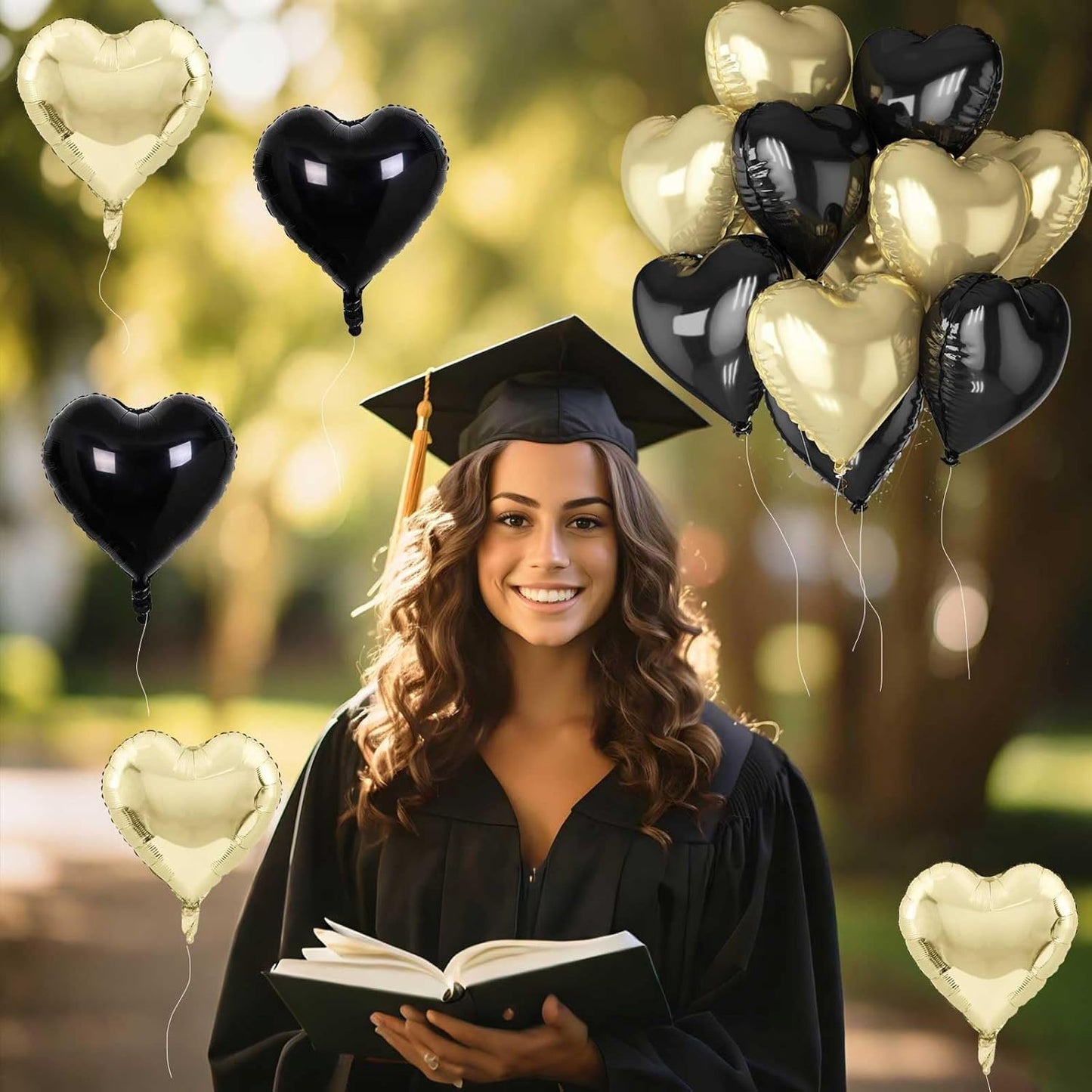 Black Gold Foil Heart Balloons, 18 Inch 10 Pcs Light Gold and Black Heart Shape Mylar Balloons Pastel Yellow and Black Heart Balloons for Birthday Graduation Valentines Baby Party Anniversary