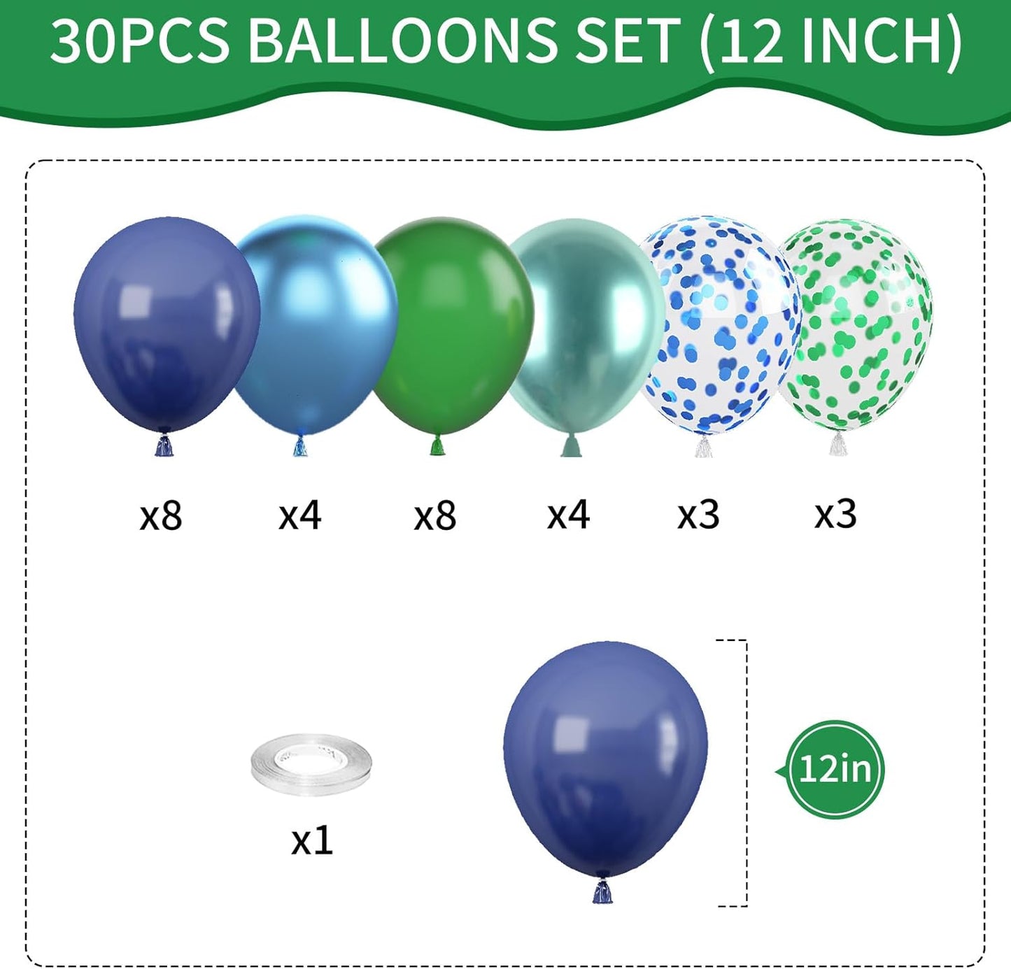 Blue and Green Balloon Set, 12 Inch Navy Blue Dark Green Balloons Metallic Chrome Ballons, Confetti Green Blue Balloons for Jungle Safari Theme Boys Birthday Party Decorations