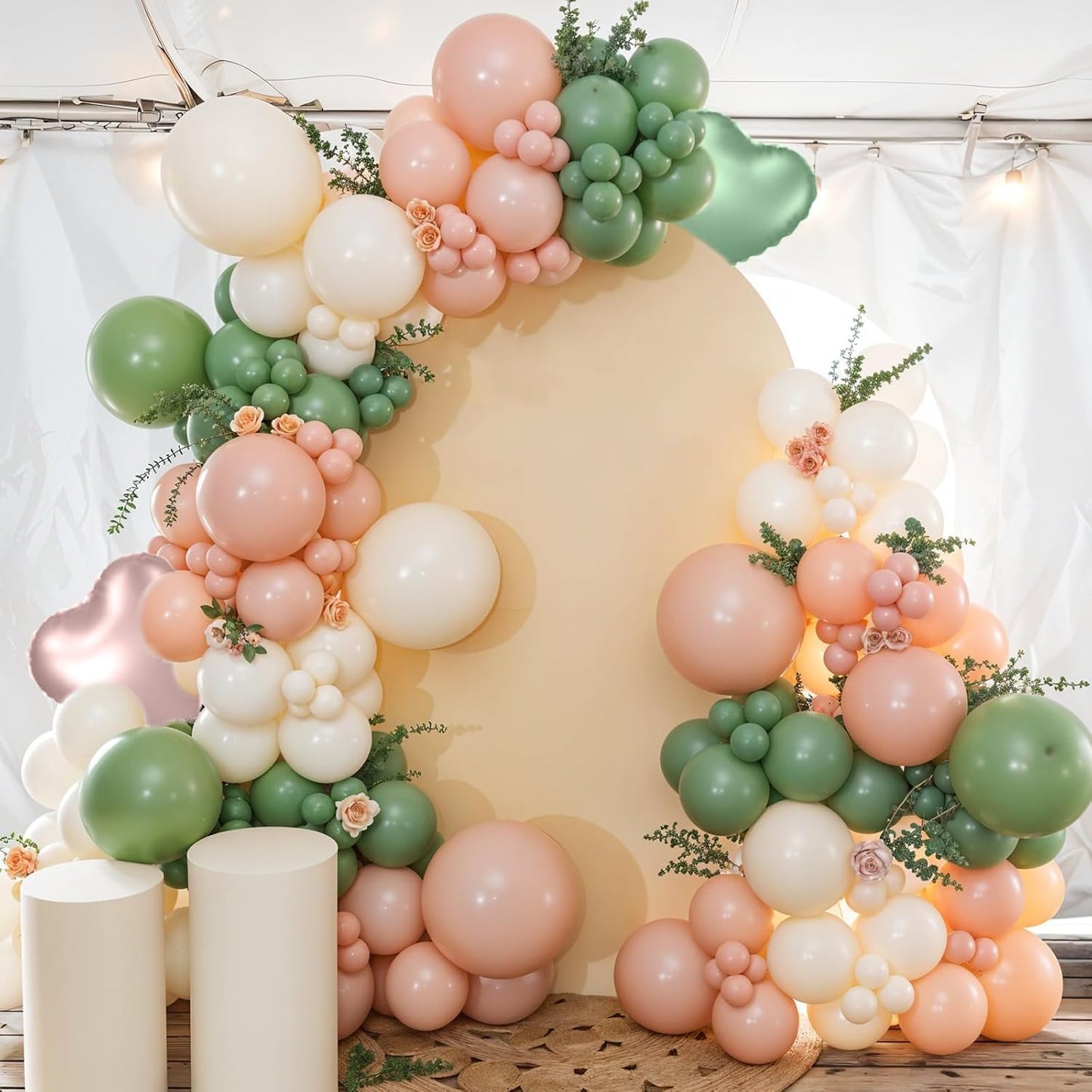 Pink and Green Balloons, 12 Inch Retro Sage Green Pink Nude Metallic Gold Confetti Balloons with Heart Foil Balloon for Girls Jungle Woodland Birthday Safari Baby Shower Party Decorations