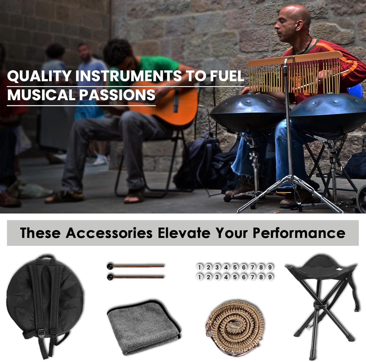 "SINGOFIRE" 9-Notes Handpan Drum, Handpan Drums for Adults, 22-Inch 440Hz D Minor Kurd Handpan, HandPan Instrument with Soft Handpan Bag, 2 Handpan Mallets, Handpan Stand and Dust-Free Cloth(Black)