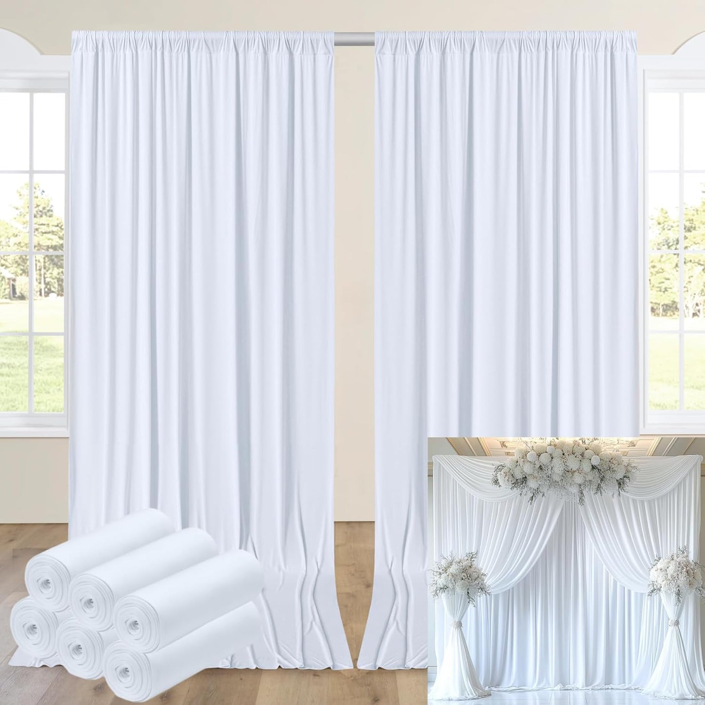 30ftx14FT Wrinkle Free White Backdrop Curtain, 6 Panels 14FT Height White Wedding Backdrop Drapes, Silky Polyester Back Drop Cloth for Birthday Photography Background Party Backdrop Draping