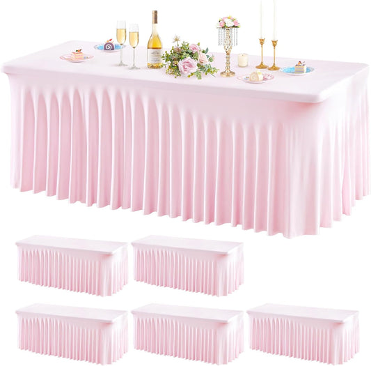 Wish Care 6 Pack Pink Spandex Table Clothes for 6 Foot Rectangle Tables, 6FT Wrinkle Free Fitted Tablecloths Ruffles Design Table Cover for Party, Banquet, Wedding and Events