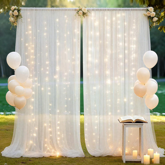 Ledido 10×8ft Tulle Backdrop Curtains with Lights String - 300LED Fairy Lights Sheer Curtain Backdrop for Weddings Baby Shower and Birthday Party Decorations(6 Panels 5×8ft)