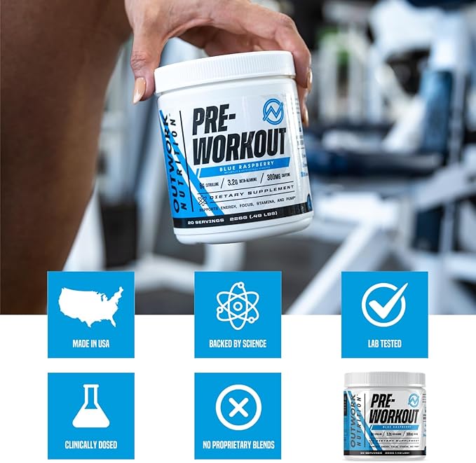 Outwork Nutrition Pre Workout Powder for Men & Women - Pre-Workout Supplements Without Creatine, Nootropic Preworkout with Citrulline Malate Beta Alanine Taurine Rhodiola Caffeine (Blue Raspberry)