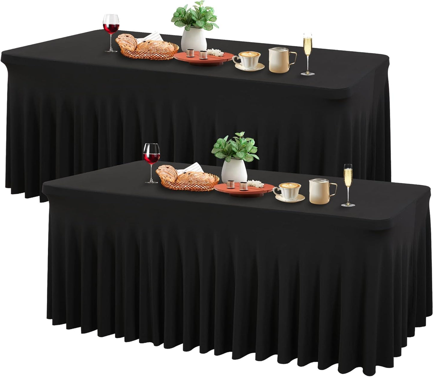 Wish Care 2 Pack Black Spandex Table Cloths - Fitted Rectangle Table Cover, Wrinkle Free, 4ft, Stretch Tablecloths for Party, Banquet, Wedding and Events