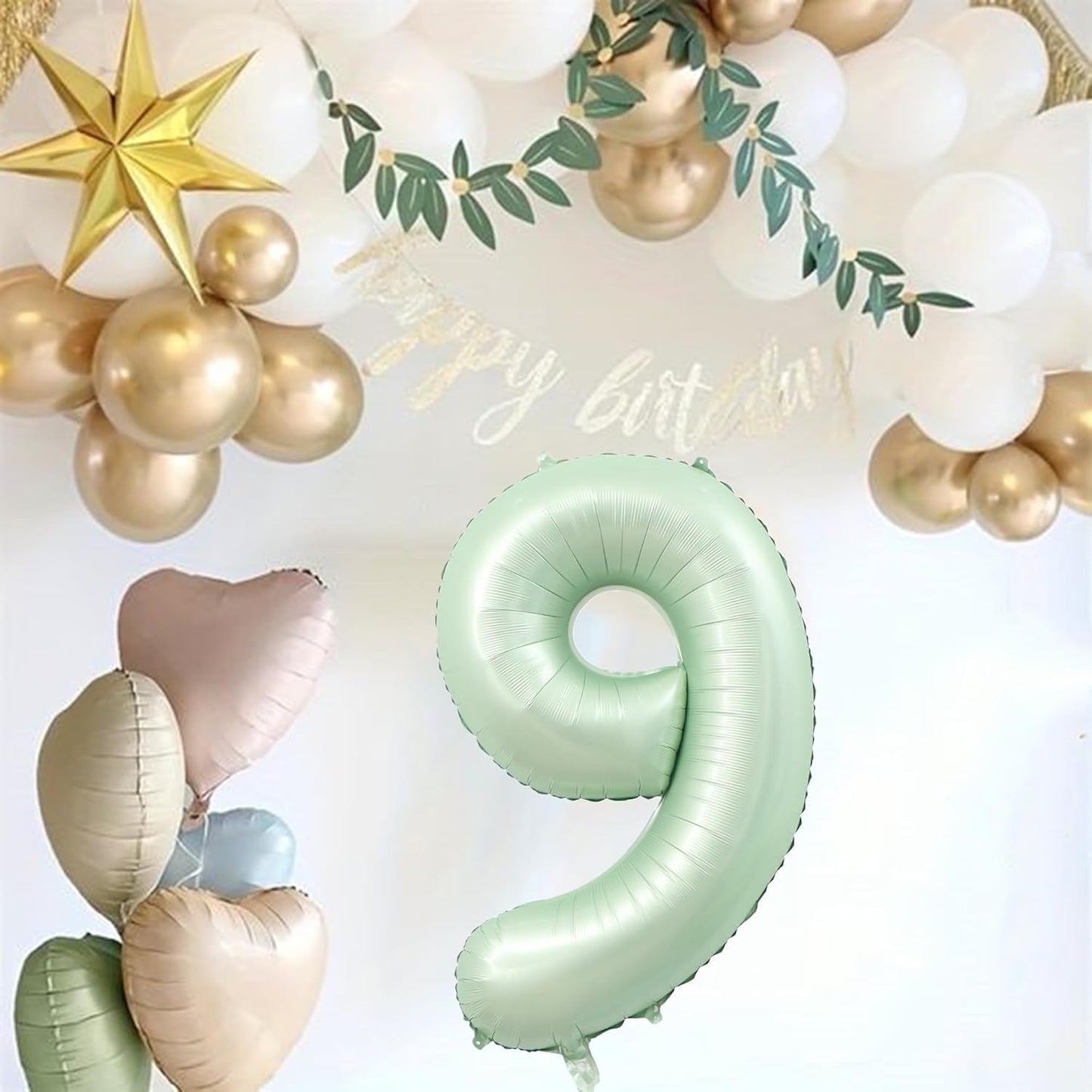 40 Inch Olive Green Number 9 Balloon Big Self Inflating Foil Number Balloons 0-9,Light green Digital 9 Helium Balloon for 9th 19th Girls Birthday Graduation Anniversary Party Decoration