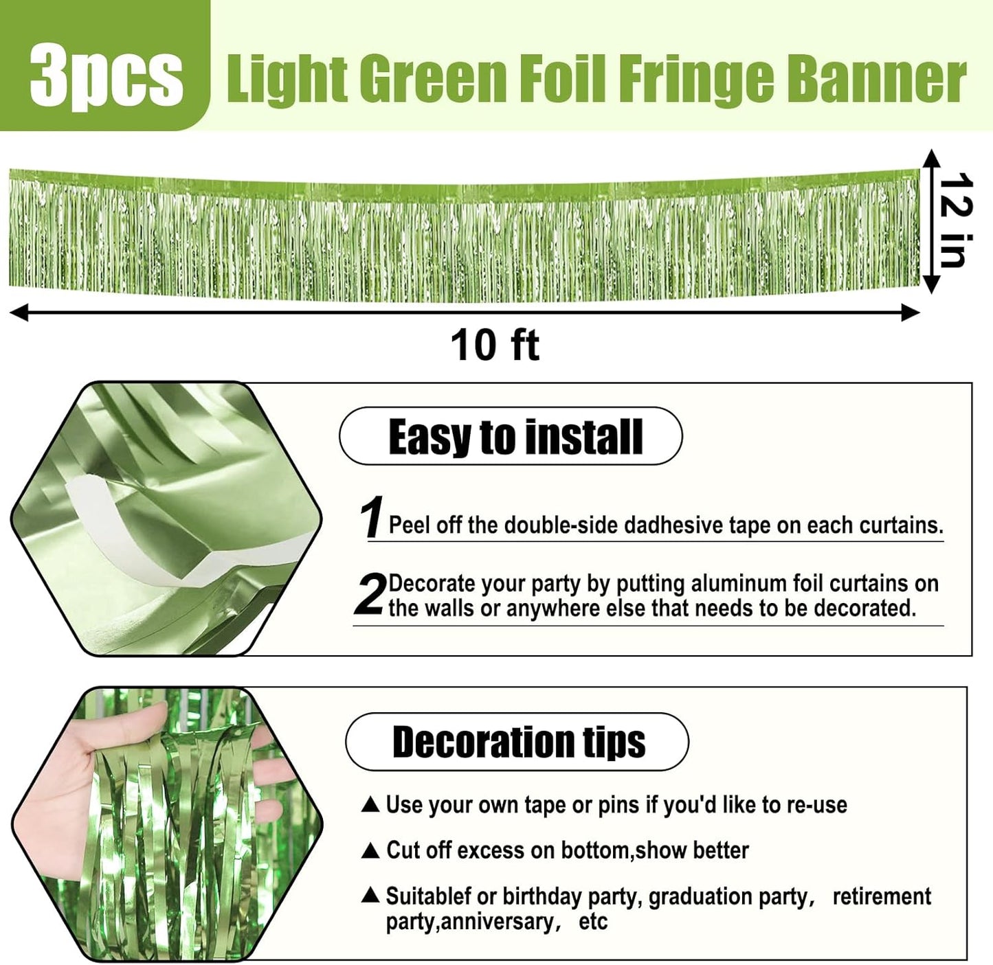 3 Pack 10 Long Light Green Metallic Foil Fringe Garland Wall Hanging Tassle Banner, Mother's Day, Easter, Parade Floats, Birthday, Theme Party, Wedding Party Decorations