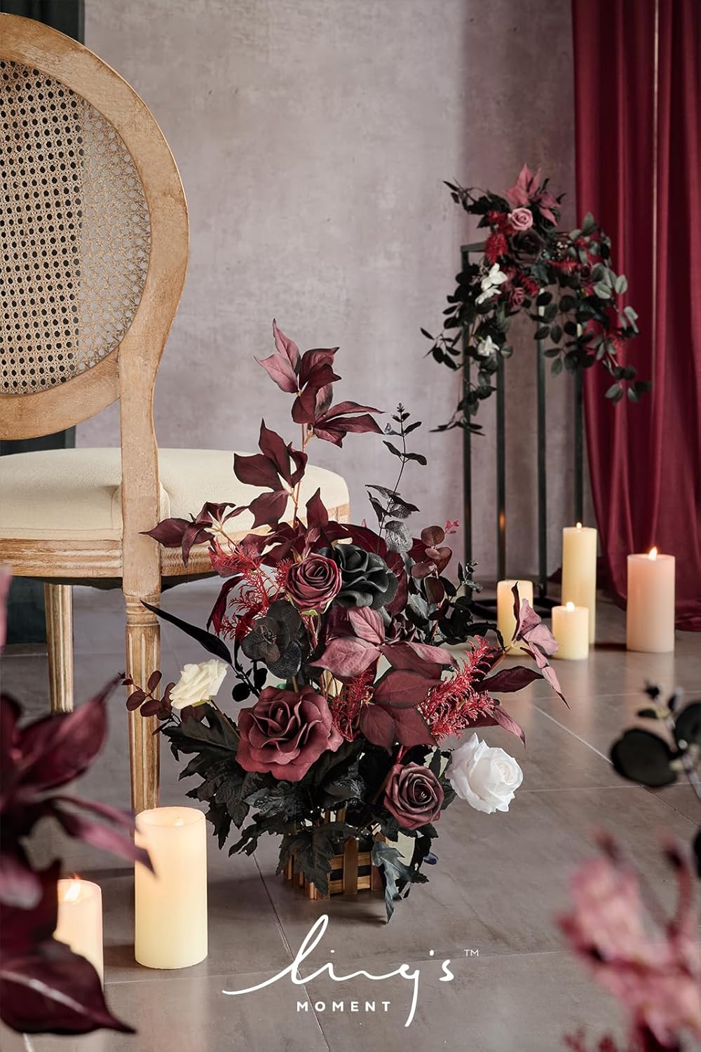 Ling's Moment 17.5" Tall Free Standing Artificial Flowers Arrangements 4 pcs Wedding Aisle Runner Chair Decorations Black Burgundy for Ceremony Reception Rose Floral Party Outdoor Centerpieces