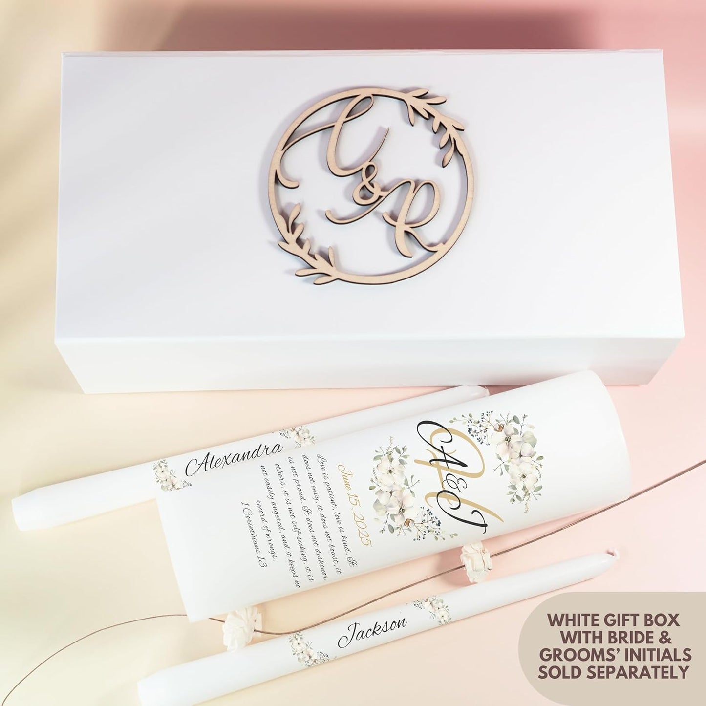 Unity Candles for Wedding, Modern Unity Set, Custom and Personalized Pillar and Taper Candles with Bible Quote, Unscented White Premium Wax, Religious and Wedding Ceremony, Special Events (Camellia)