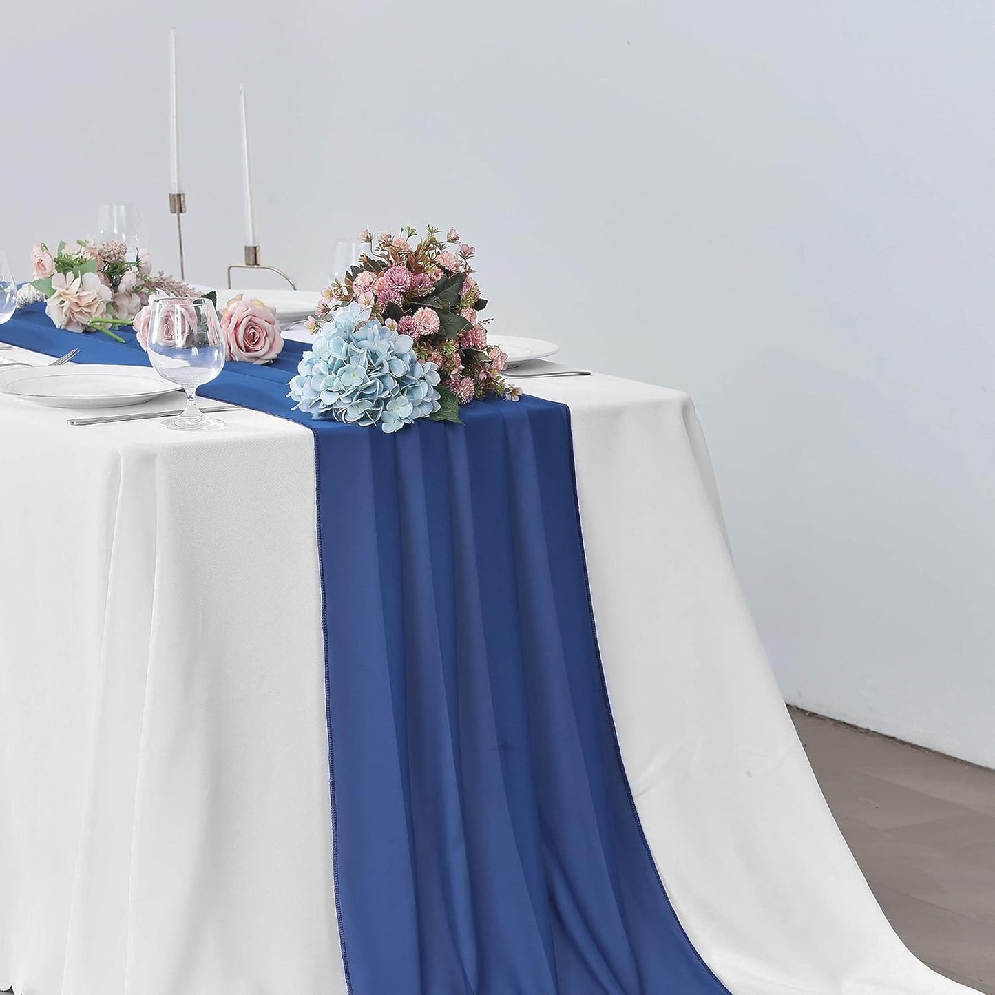 2 Pack 10Ft Royal Blue Chiffon Table Runner Sheer 29x120 Inch for Romantic Wedding Decor Bridal & Baby Shower Birthday Rustic Party Decoration