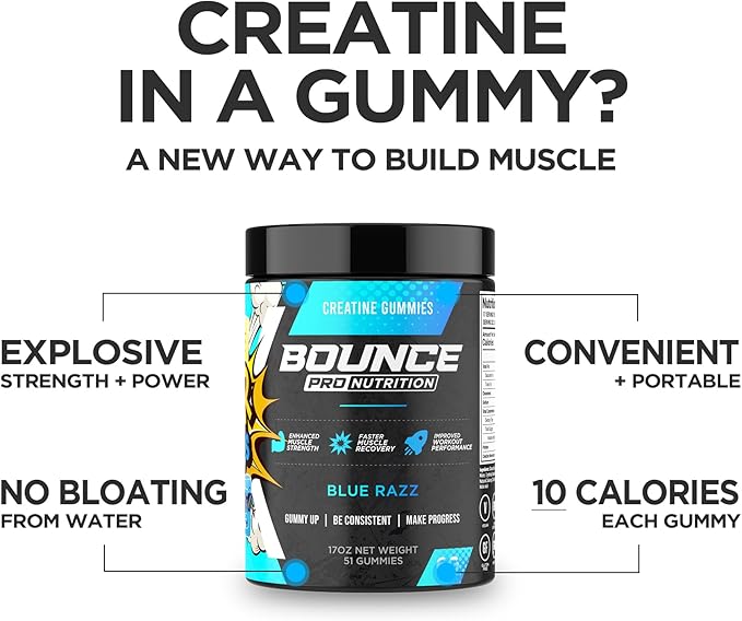 Bounce Pro Creatine Monohydrate Gummies for Men & Women, Low Calorie, 6G of Creatine per Serving, Vegan, Anti-Melting, Gluten-Free, Non-GMO, 2g of Creatine per Gummy (30ct, Blue Razz)