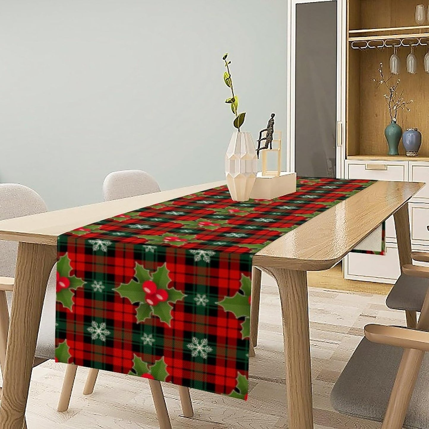 Christmas Table Runner, Red Check Plaid Winter Xmas Holiday Table Cloth Kitchen Dining Table Decoration for Home Party Decor 13x60 Inch