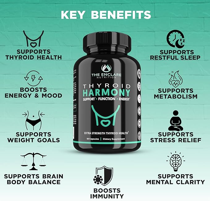 THE ENCLARE NUTRITION Thyroid Support Supplement with Iodine - Balance Hormones for Energy, Metabolism, Focus, Stress, Mood. Ashwagandha, Zinc, Selenium, Vitamin B12, Kelp, Magnesium, L Tyrosine (1)