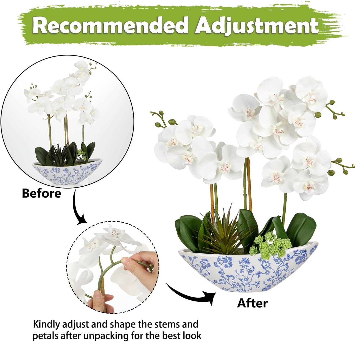 Briful White Orchid Fake Flowers 17in Artificial Orchid Silk Flowers in Blue and White Ceramic Pot Faux Orchid Arrangement for Home Office Bathroom Dining Table Modern Decoration