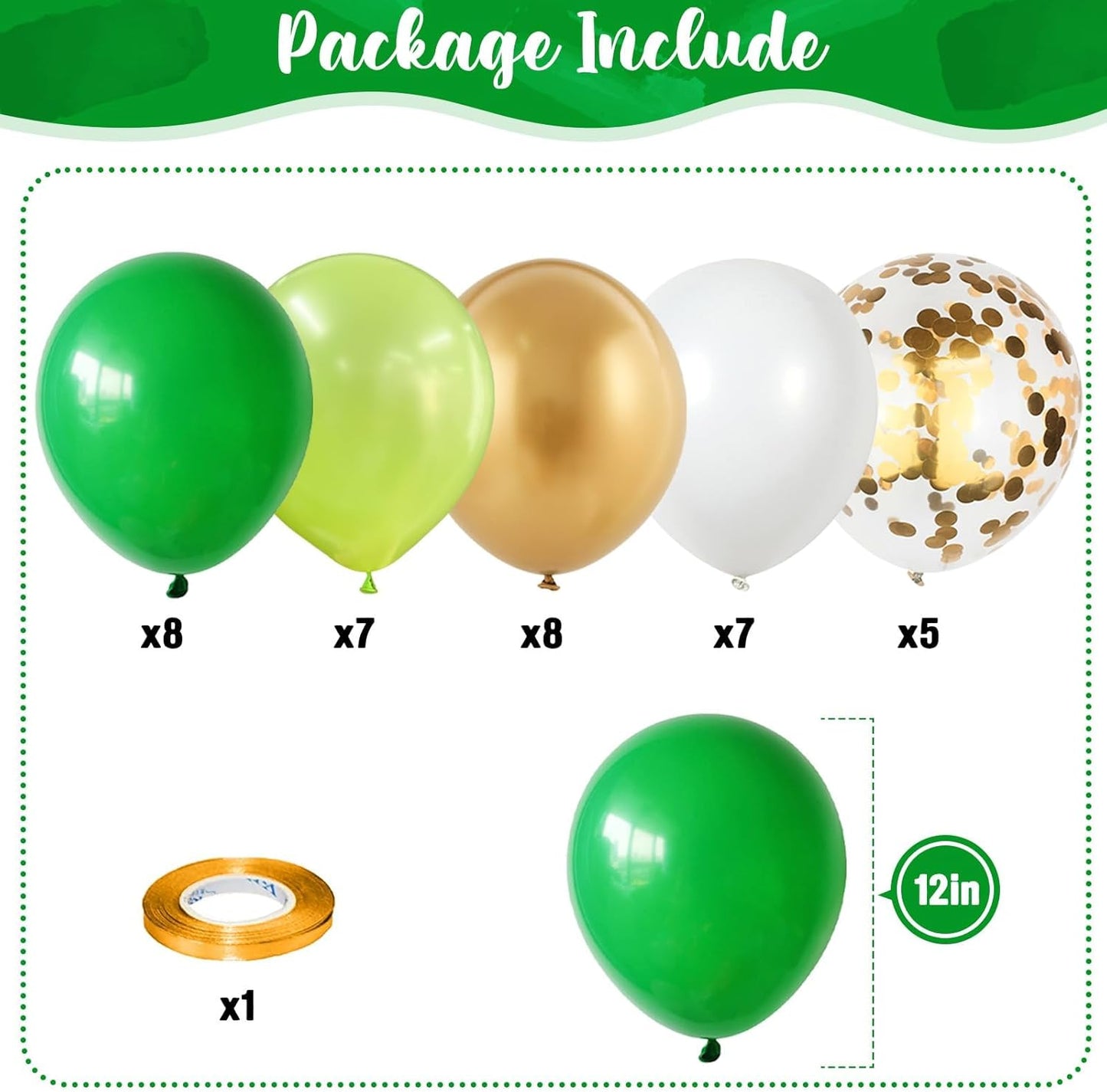 Green Gold Balloons Set, Dark Green Pearl Lime Green Metallic Gold White with Confetti Latex Balloons, Light Green Gold White Balloon for Jungle Dinosaur Birthday Baby Shower Wedding Party Decorations