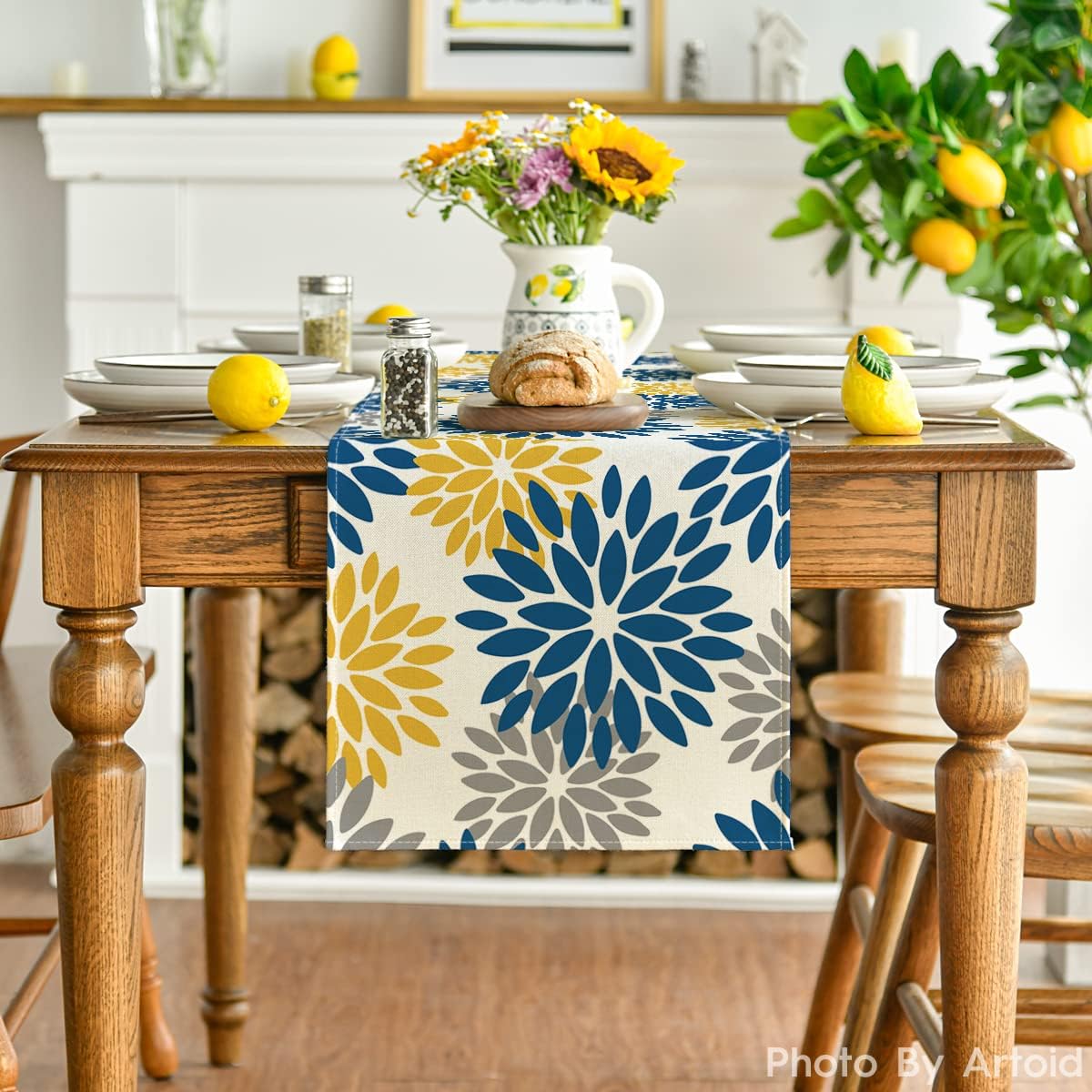 Artoid Mode Blue Dahlia Floral Pinnata Summer Table Runner, Spring Kitchen Dining Table Decoration for Home Party Decor 13x48 Inch
