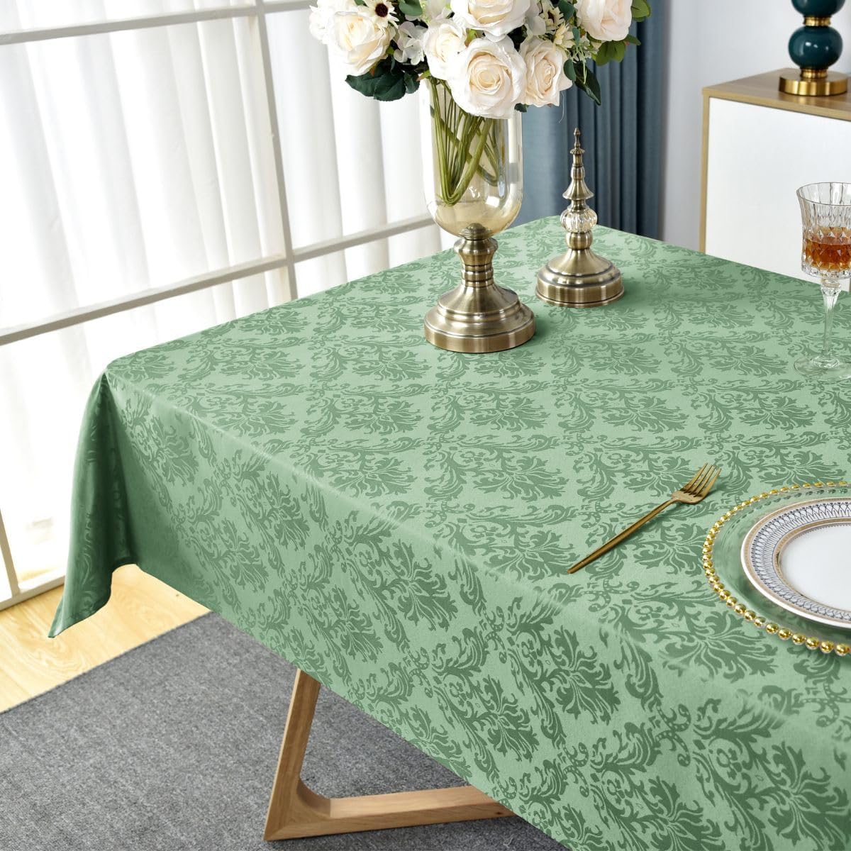 SASTYBALE Summer Tablecloth Rectangle, Spill-Proof Wrinkle Resistant Jacquard Fabric Table Cloth, Soft Polyester Damask Table Cover for Parties, Picnic, Dinner(60 * 102 inch, Light Green)