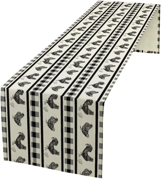 Rooster Table Runner,Farmhouse Animal Vintage Chicken Black White Plaid Check Tablecloth Burlap for Hotel Indoors Outdoor Dining Room Kitchen Home Decor,W13X L70 in