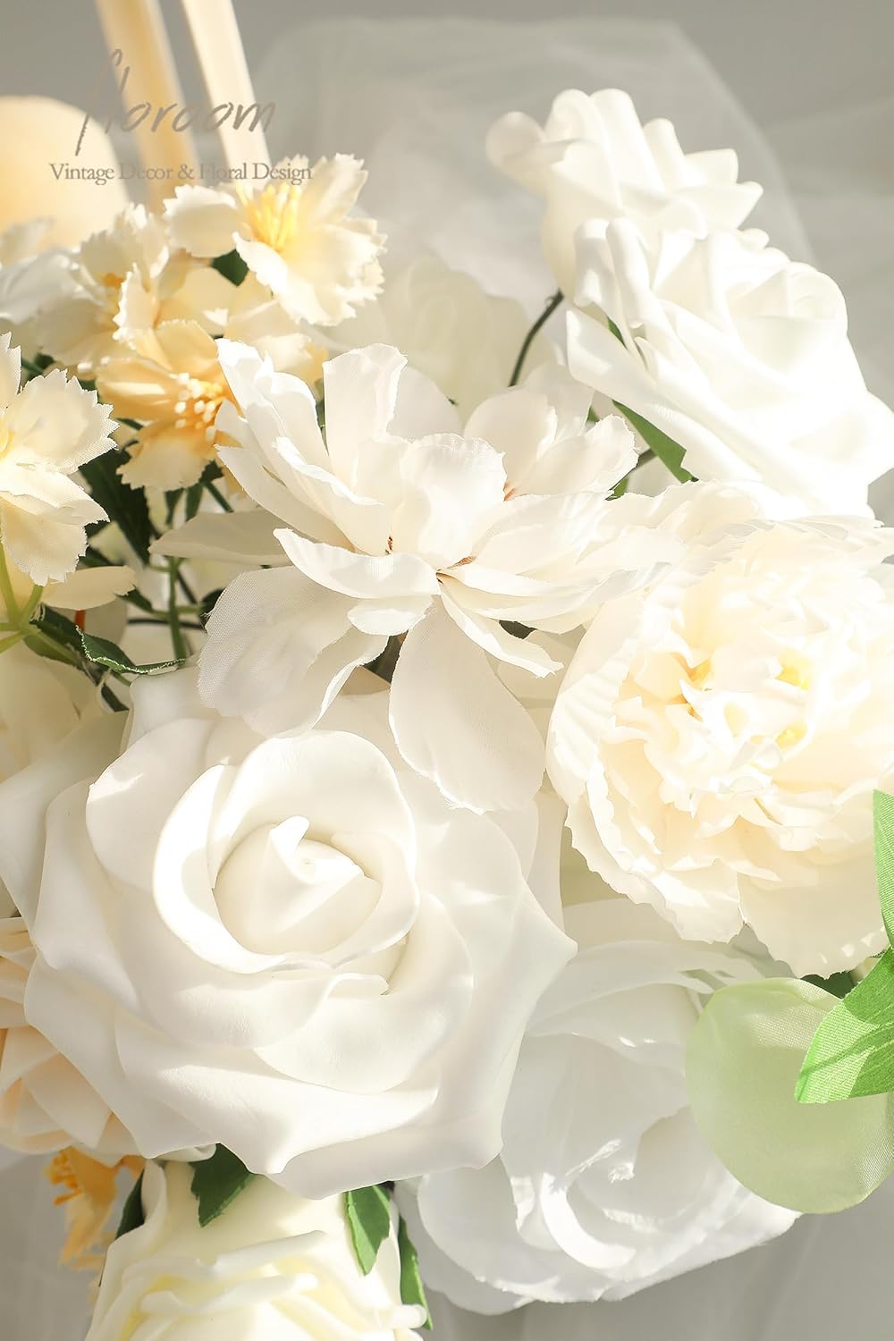 Floroom Cream White Artificial Flowers Ivory Fake Roses Peonies Dahlias and Greenery Combo Box Set for DIY Wedding Bouquets Bridal Shower Centerpieces Floral Arrangements Party Tables Home Decorations