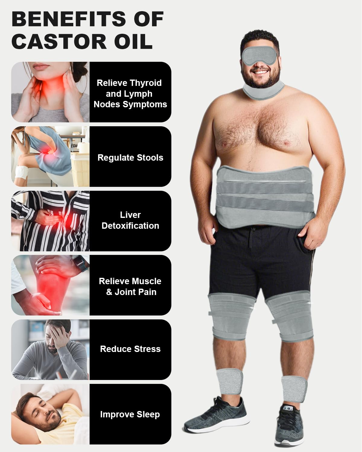 10 Pcs Castor Oil Pack Wrap, Plus Size for Men & Women, XL Reusable Castor Oil Pack Set for Eyes Neck Stomach Waist Knees Legs Feet, Flannel Cotton, Anti Oil Leak, Machine Washable (Light Gray)