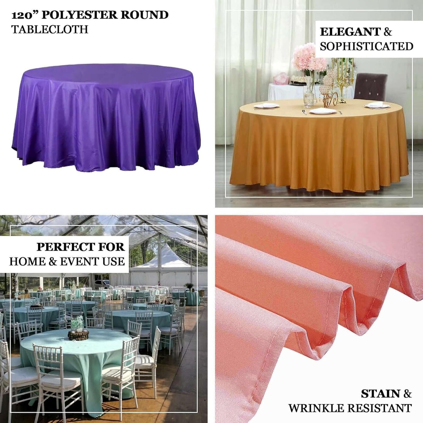 Efavormart Round Tablecloth, 120 Inch Stain & Wrinkle Resistant Washable Table Cloth, Decorative Polyester Fabric Table Cover for Banquet, Wedding, Dining - Ivory