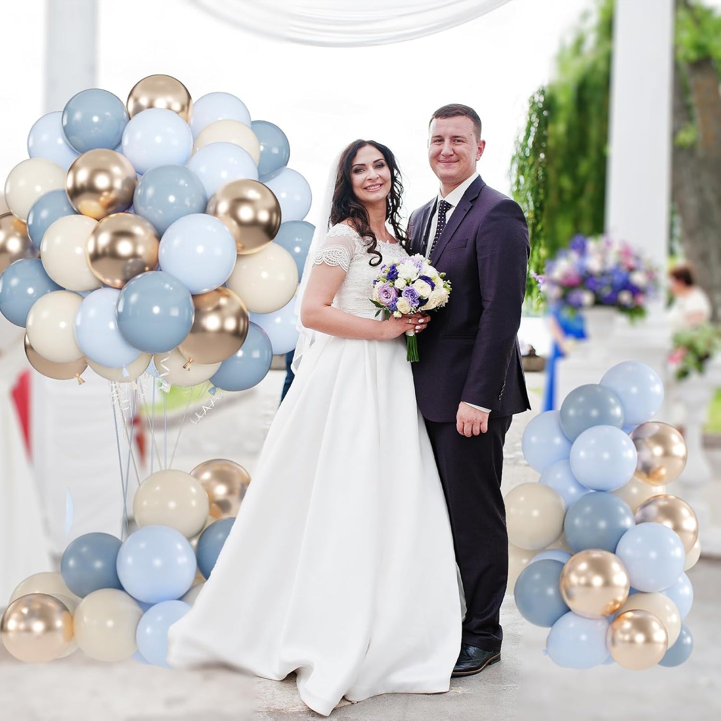 100pcs Dusty Blue and Gold Balloons, 12 Inch Haze Blue Sand White & Metallic Champagne Gold Balloons for Baby Shower Boho Wedding Bridal Shower Party Supplies (66ft Ribbons)