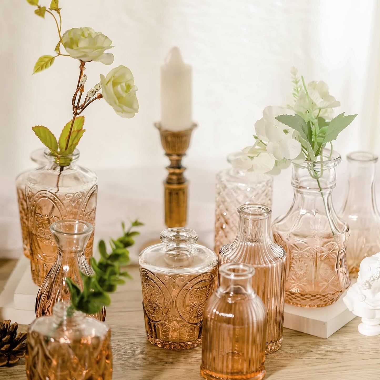 Arme Glass Bud Vase Set,30Pcs Small Glass Vase for Flowers, Clear Bud Vase in Bulk，Mini Single Vintage Vase for Centerpiece，Vases Bulk for Rustic Wedding Decor，Home Table Flower Décor(Amber)