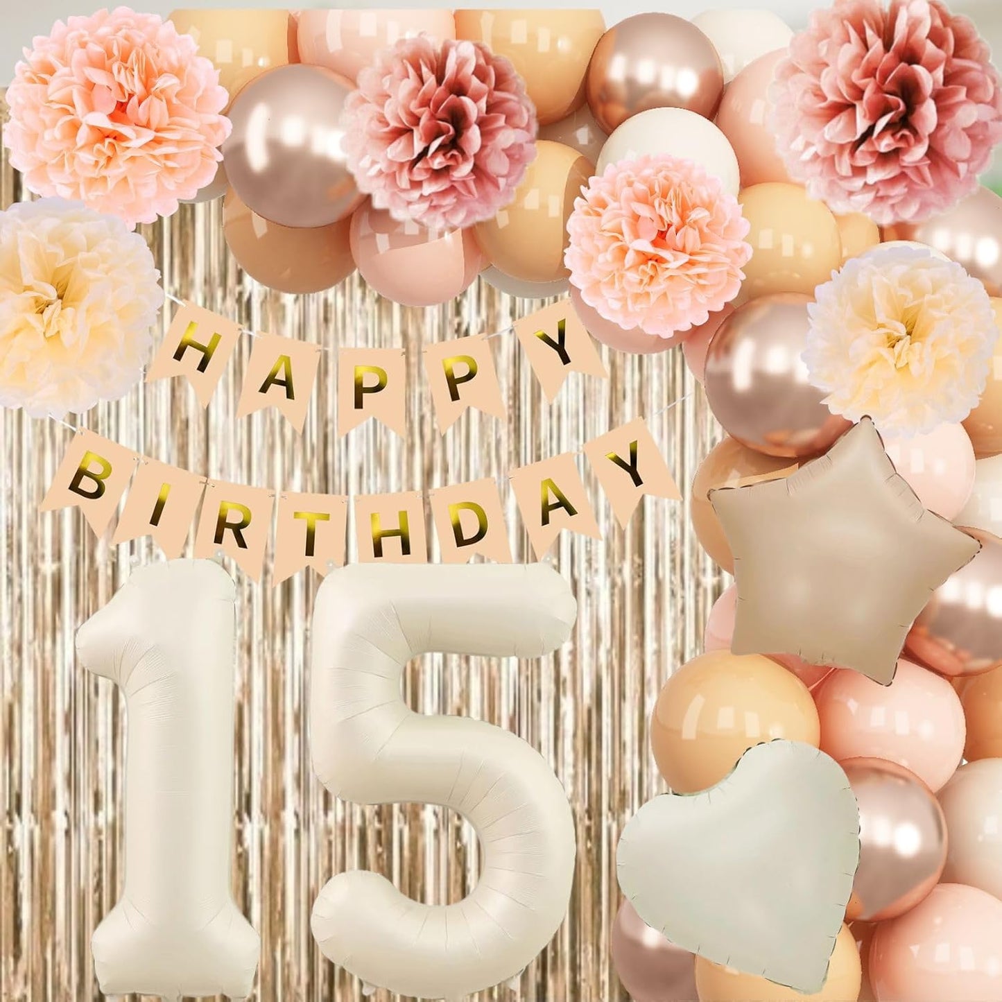 Beige 15th Birthday Decorations Girls Boys Cream Number 15 Balloon Nude Gold Happy Birthday Banner Fringe Curtain Paper Pom Poms Blush White Sand Champagne Star Foil Balloons Neutral Boho Party Decor