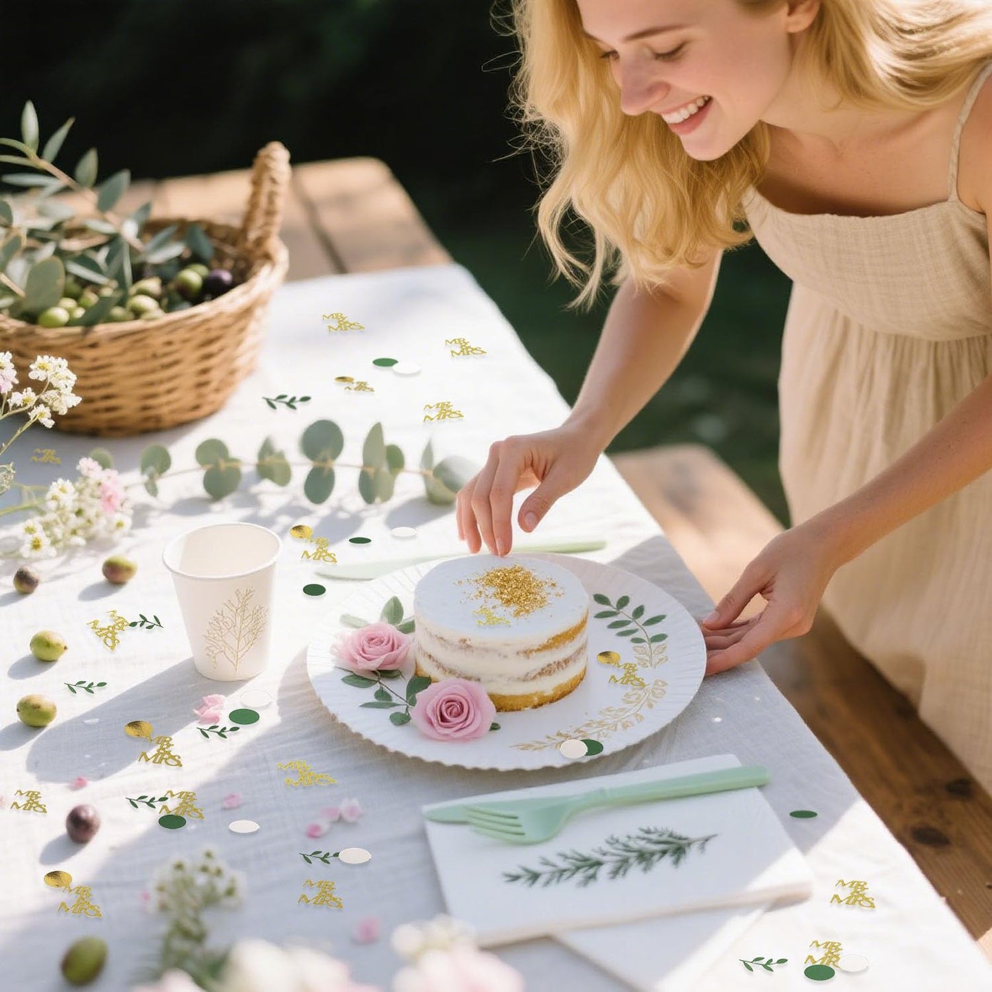 200 Pcs Gold Bridal Shower Decorations, Wedding Table Confetti, Glitter Mr Mrs, Greenery Table Confetti, Engagement Party Scatters