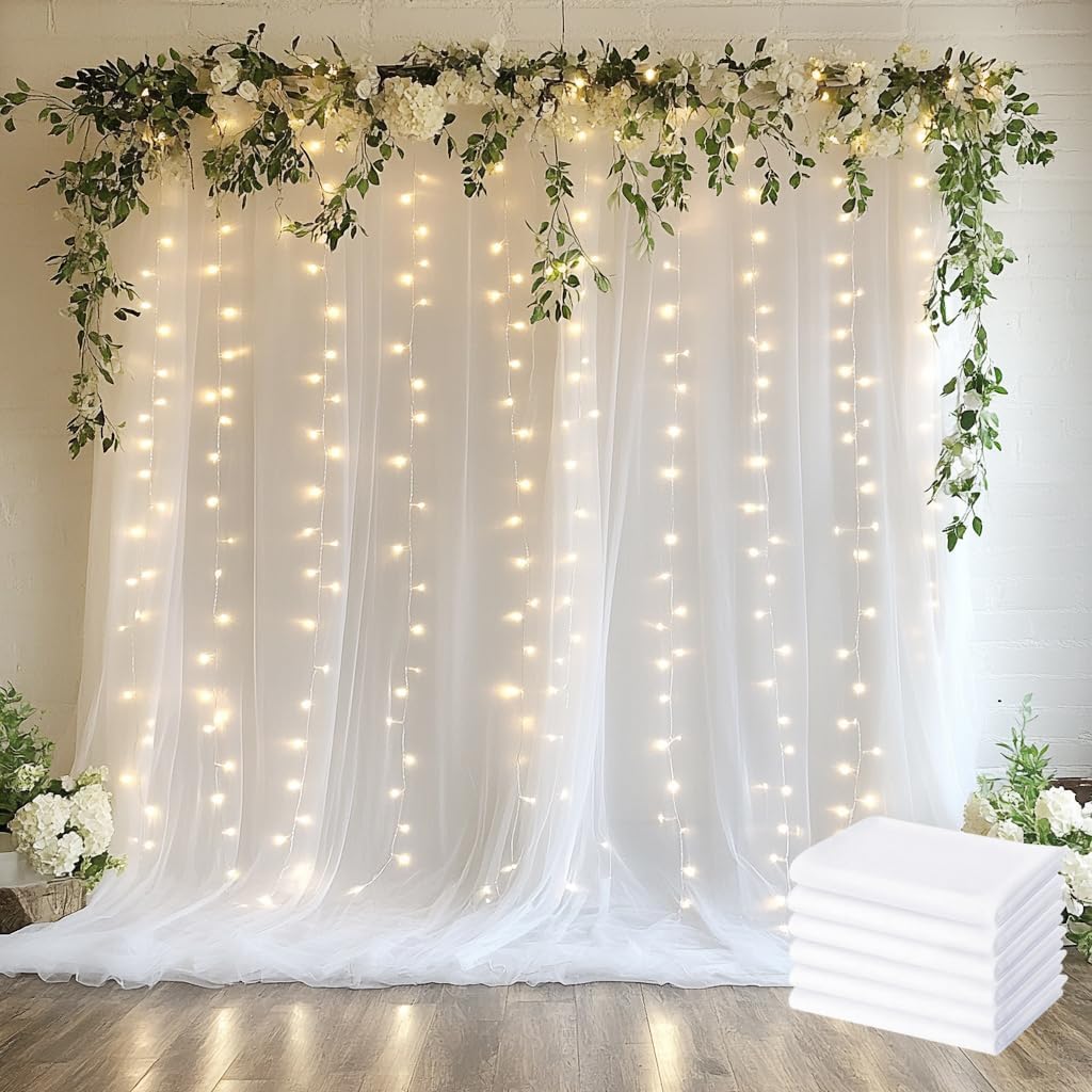 Tulle Backdrop Curtain with Lights String 30 X 10FT White Sheer Tulle Backdrop Curtains for Wedding Birthday Party Reception Photo Booth Background Decorations (6 Panels 5x10FT)