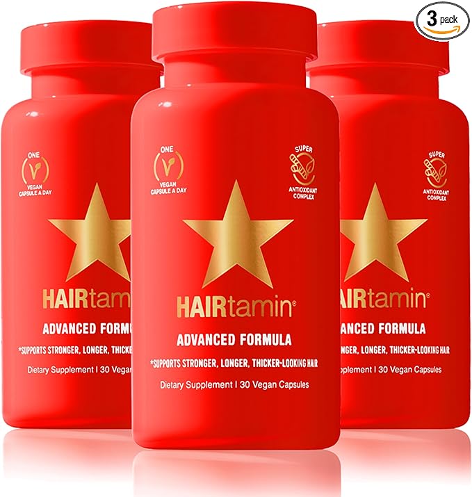 HAIRtamin Advanced Formula Hair Growth Supplement for Women & Men, Supports Stronger, Longer, Visibly Thicker Hair, With 5000 mcg Biotin, Vitamins & Antioxidants, 100% Vegan – 3 Month Supply