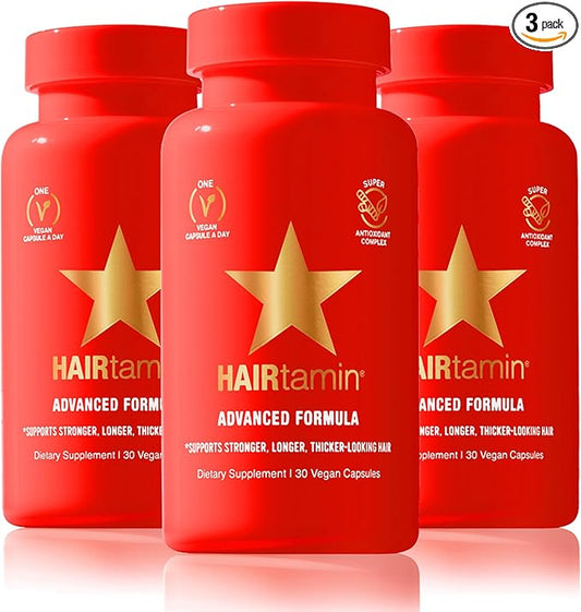 HAIRtamin Advanced Formula Hair Growth Supplement for Women & Men, Supports Stronger, Longer, Visibly Thicker Hair, With 5000 mcg Biotin, Vitamins & Antioxidants, 100% Vegan – 3 Month Supply