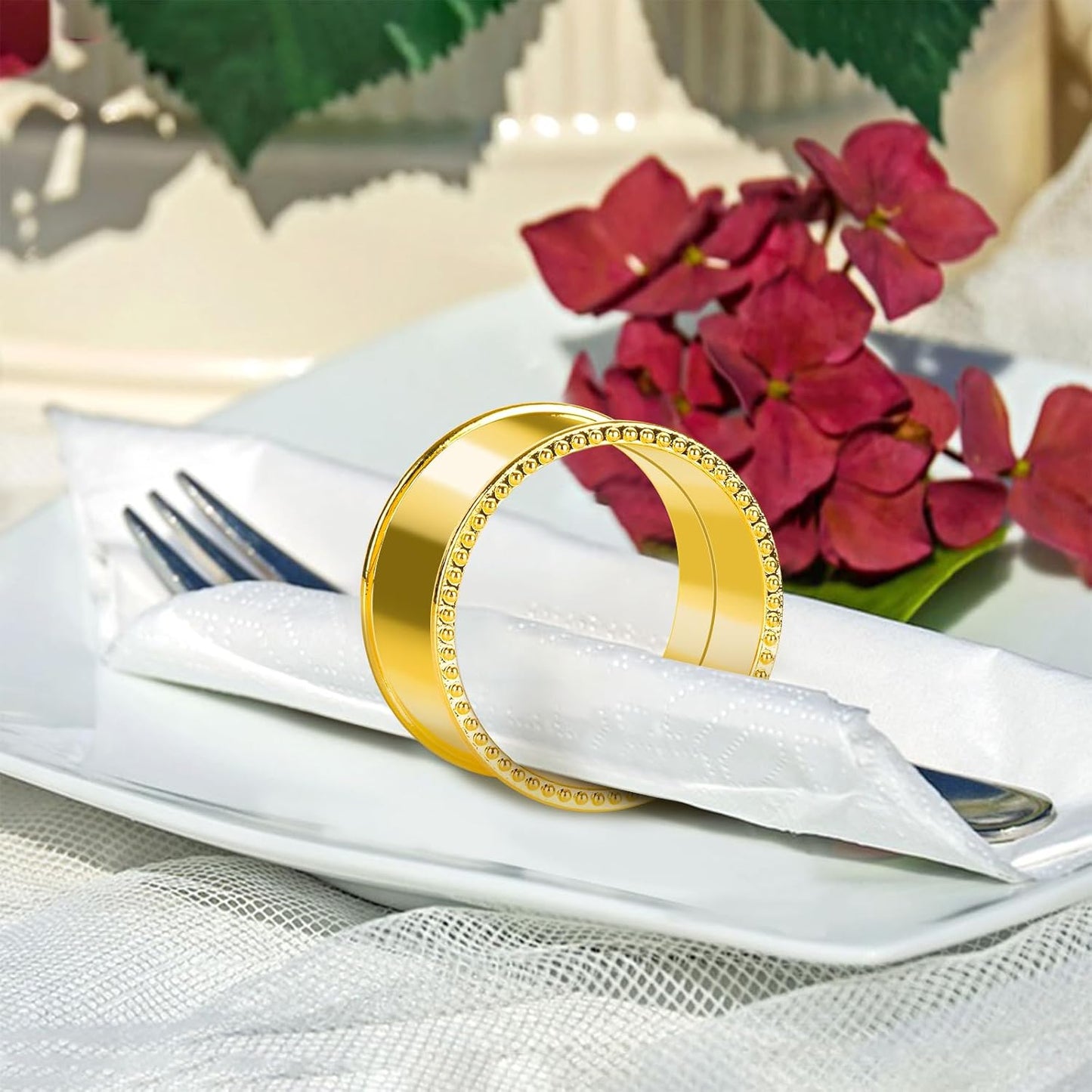 6 Pcs Stainless Steel Bead Side Napkin Rings Delicate Serviette Buckles (Gold)
