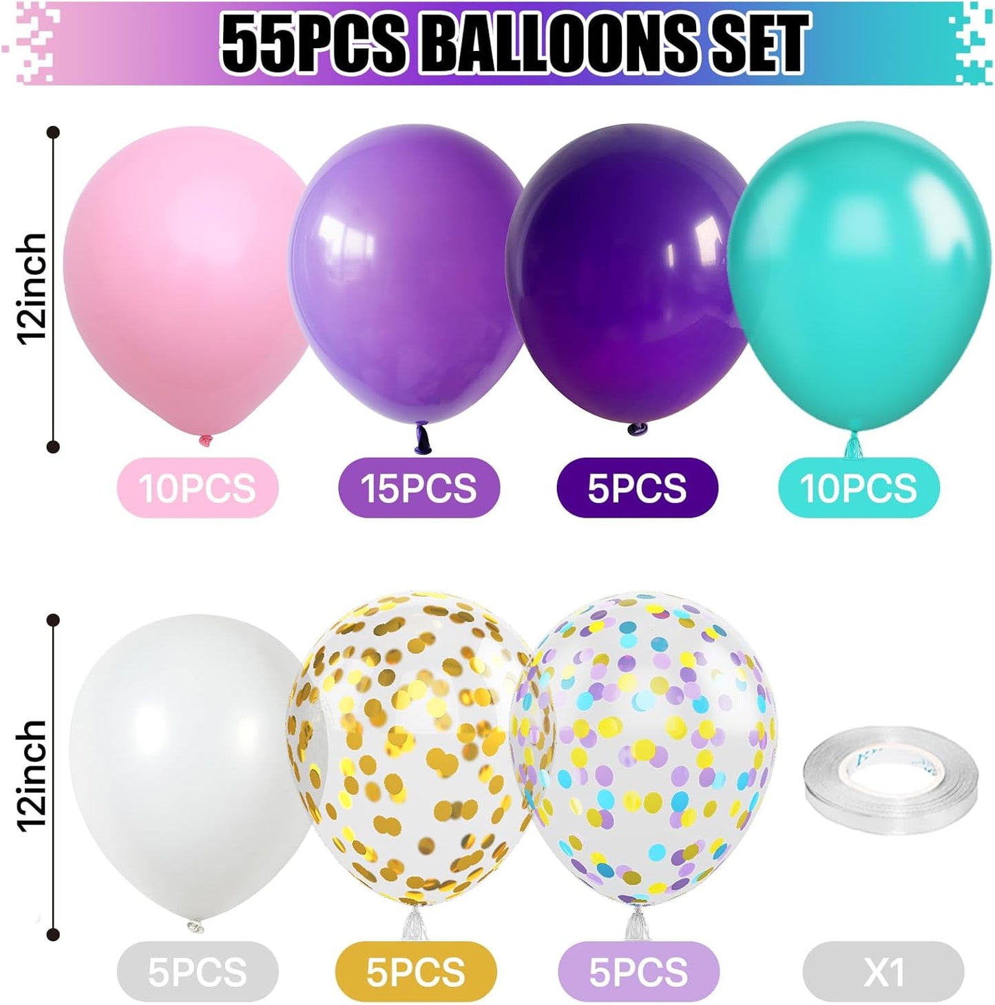 Mermaid Balloons, Pink Purple Blue Balloons, 12Inch Teal Blue Purple Pink White Party Balloon with Metallic Gold Confetti Latex Balloon for Girls Birthday Mermaid Themed Party Decorations