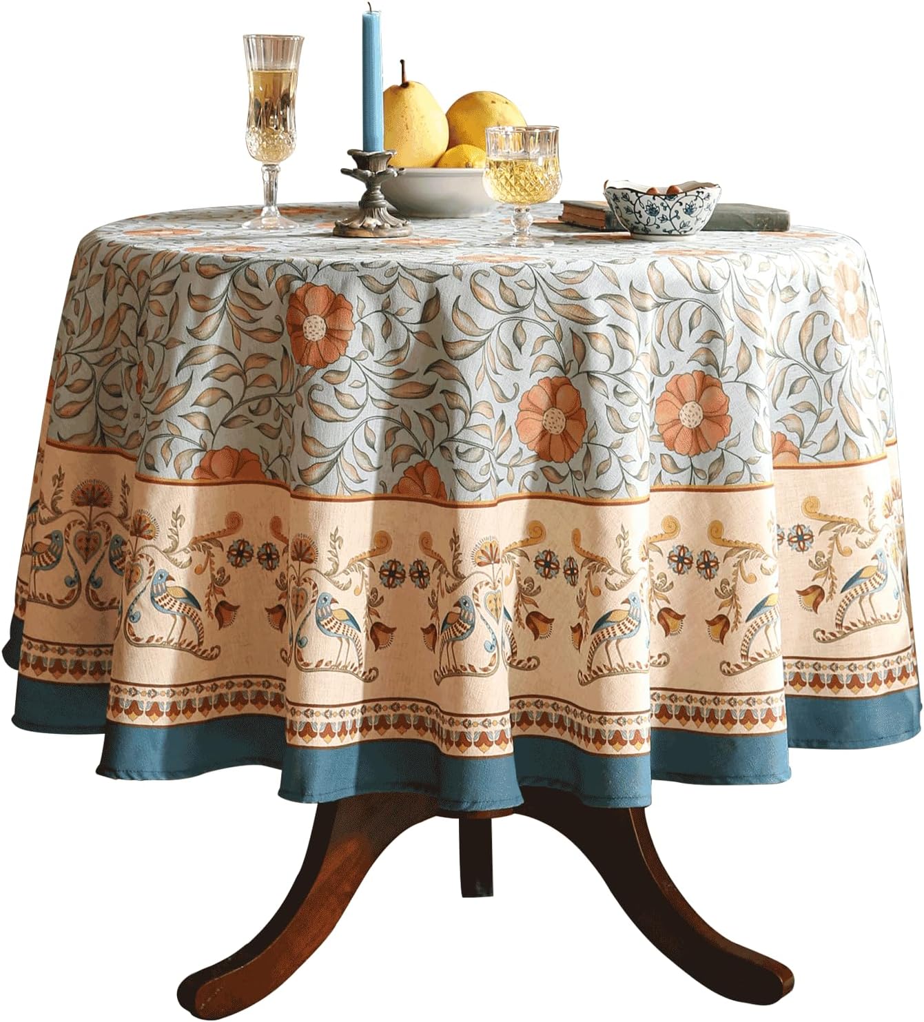 patdrea Designer French Linen Blue Round Table Cloth,Vintage Floral Tablecloth,Colorful Decoration Fall Table Cover Kitchen Dining for Tea Party,Thanksgiving,Christmas,Diameter 67"-Wensel