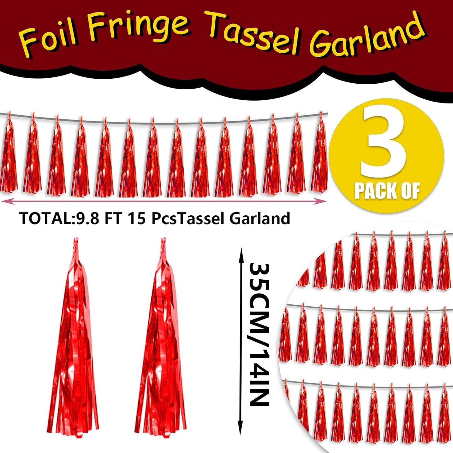 3P Metallic Fringe Tassel Banner Garland Foil Tinsel Streamer Wall Hanging Curtain Backdrop Banner for Parade Floats,Graduation Decorations, Wedding Party Decoration(Red)
