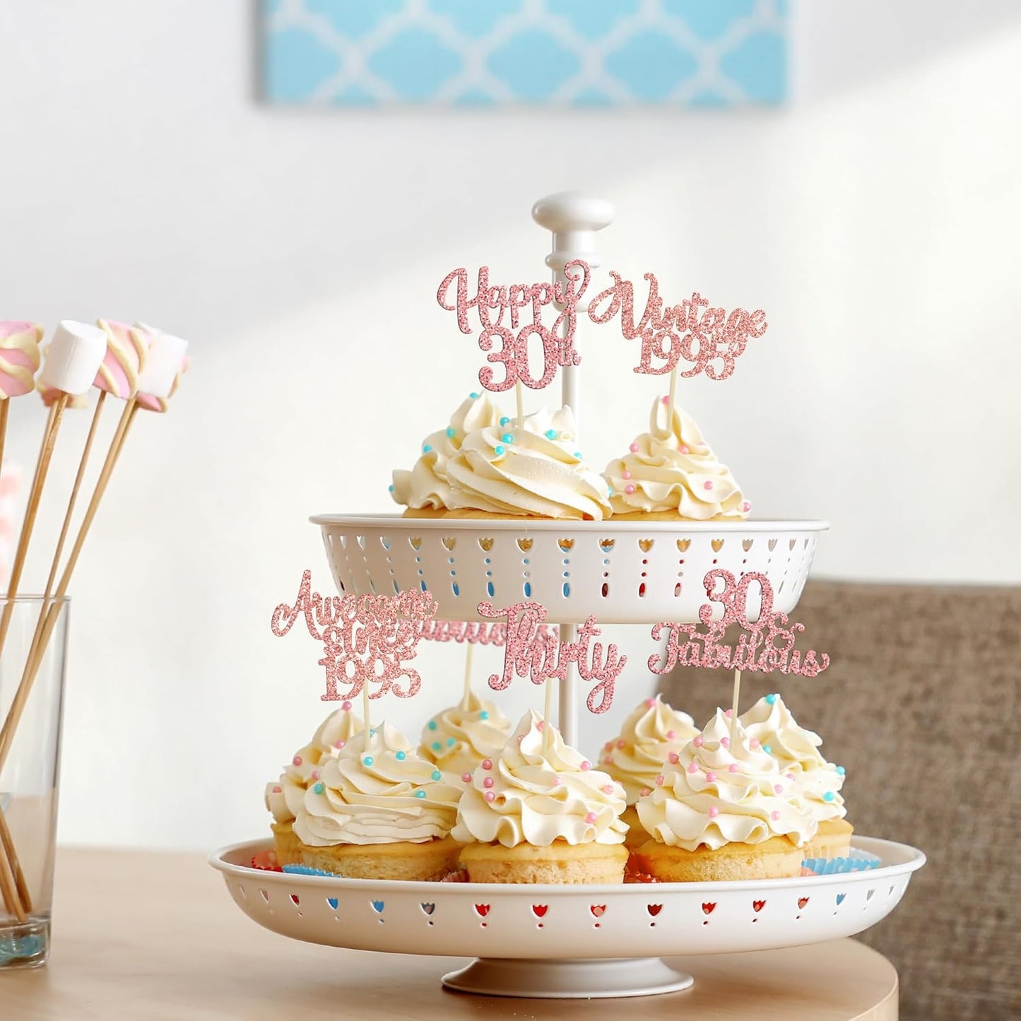 30Pcs Vintage 1995 Cupcake Toppers Glitter Thirty 30 Fabulous Happy 30th Birthday Cupcake Picks Cheers to 30 Years for 30th Birthday Anniversary Party Cake Decorations Supplies Rose Gold