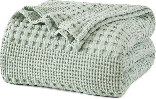 PHF 100% Cotton Waffle Weave Blanket Twin Size for Bed, Soft Lightweight & Breathable, All-Season Comfort, Luxury Aesthetic Woven Bedding for Home Decor, 66"x90", Sage Green