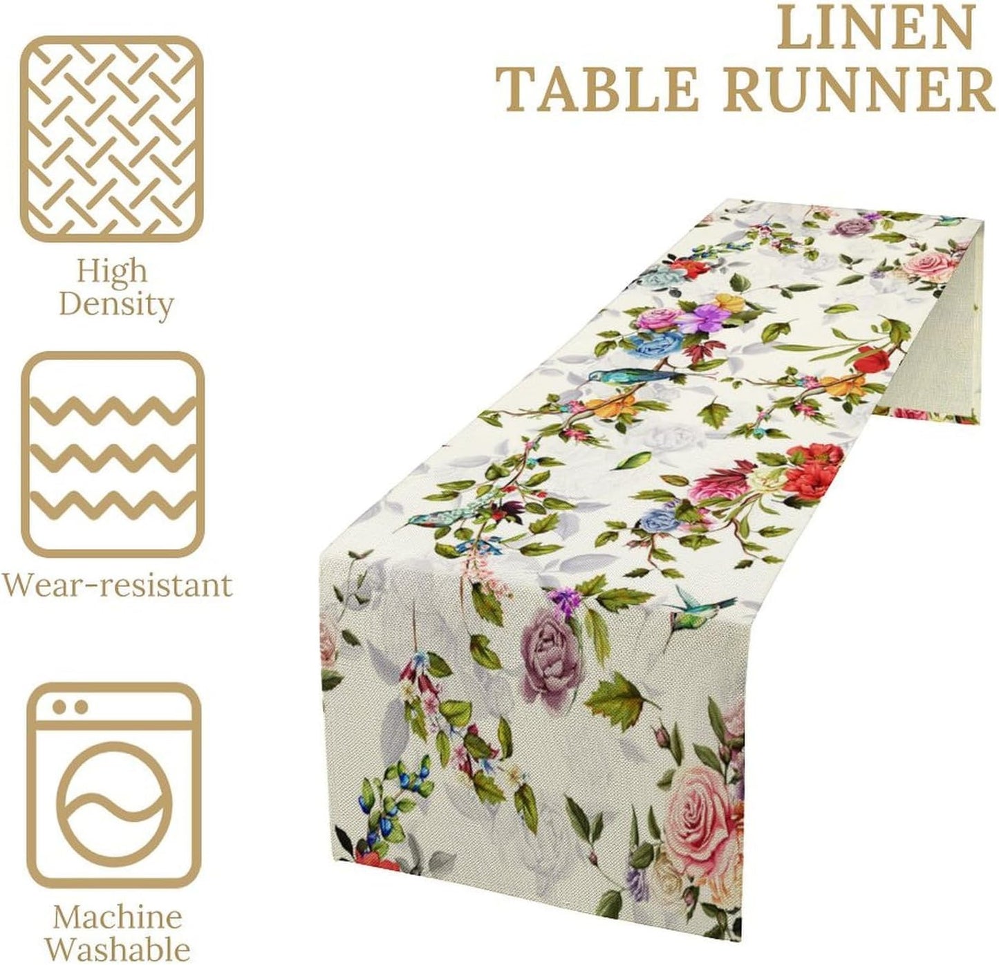 Vintage Bird Flower Table Runner Seasonal Spring Summer Garden Plants Farmhouse Country Kitchen Dinner Runner Dining Table Decoration for Home Party Holiday 13"x120"