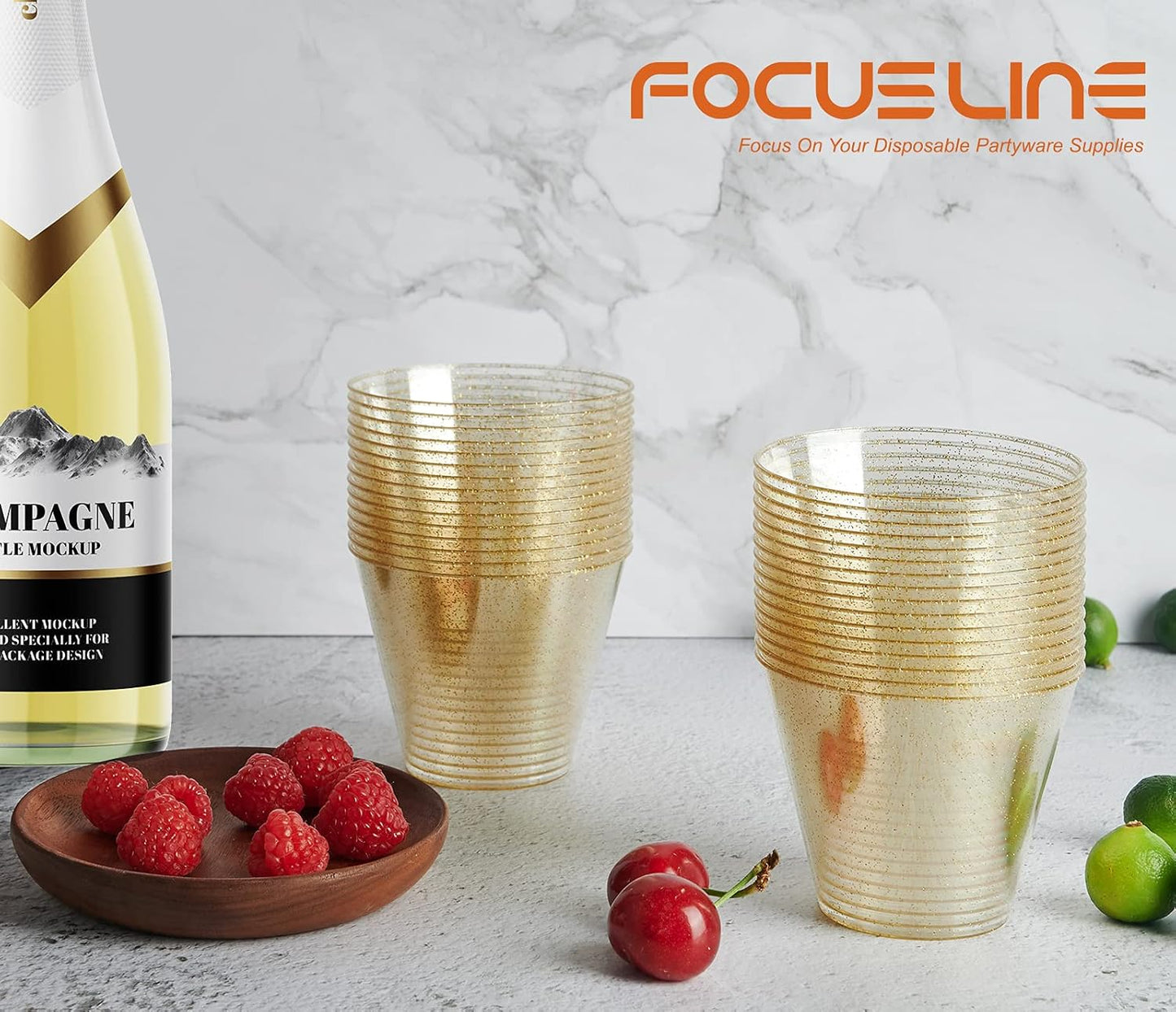 FOCUSLINE 9 oz Gold Plastic Cups, Disposable Clear Fancy Hard Plastic Cups, Gold Glitter, Heavy Duty, Reusable,100 Count