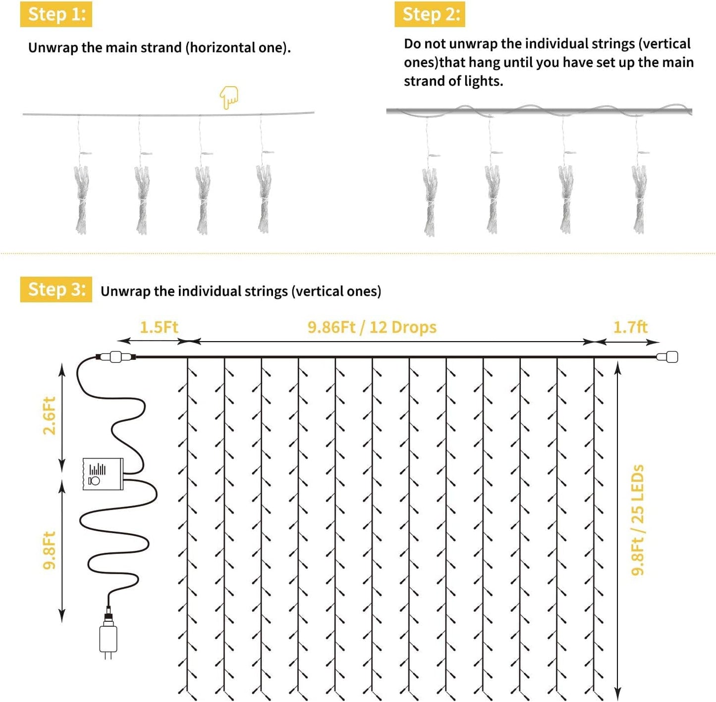 Brightown 300 LED Curtain String Lights, 9.8 FT Hanging Fairy Lights with Remote, 8 Modes, Connectable Waterproof Window Lights for Bedroom Backdrop Wedding Outdoor Christmas Party, Multicolor