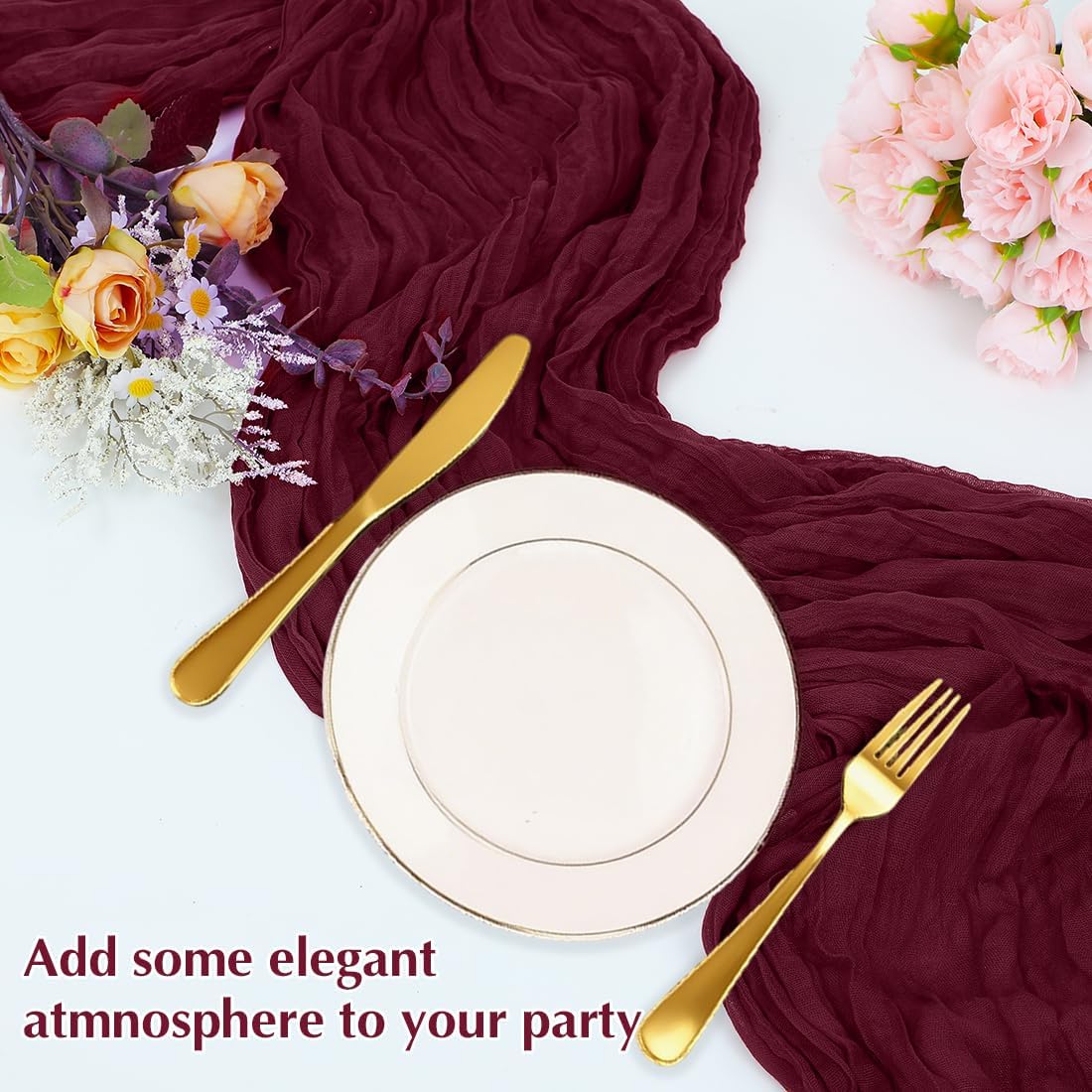 10 Pack Wine red Cheesecloth Table Runner -21*120Inch Long Boho Wedding Table Decor, Rustic Gauze Fabric Runner for Bridal Showers, Baby Showers & Parties (Sheer, Lightweight, Wrinkled Design)