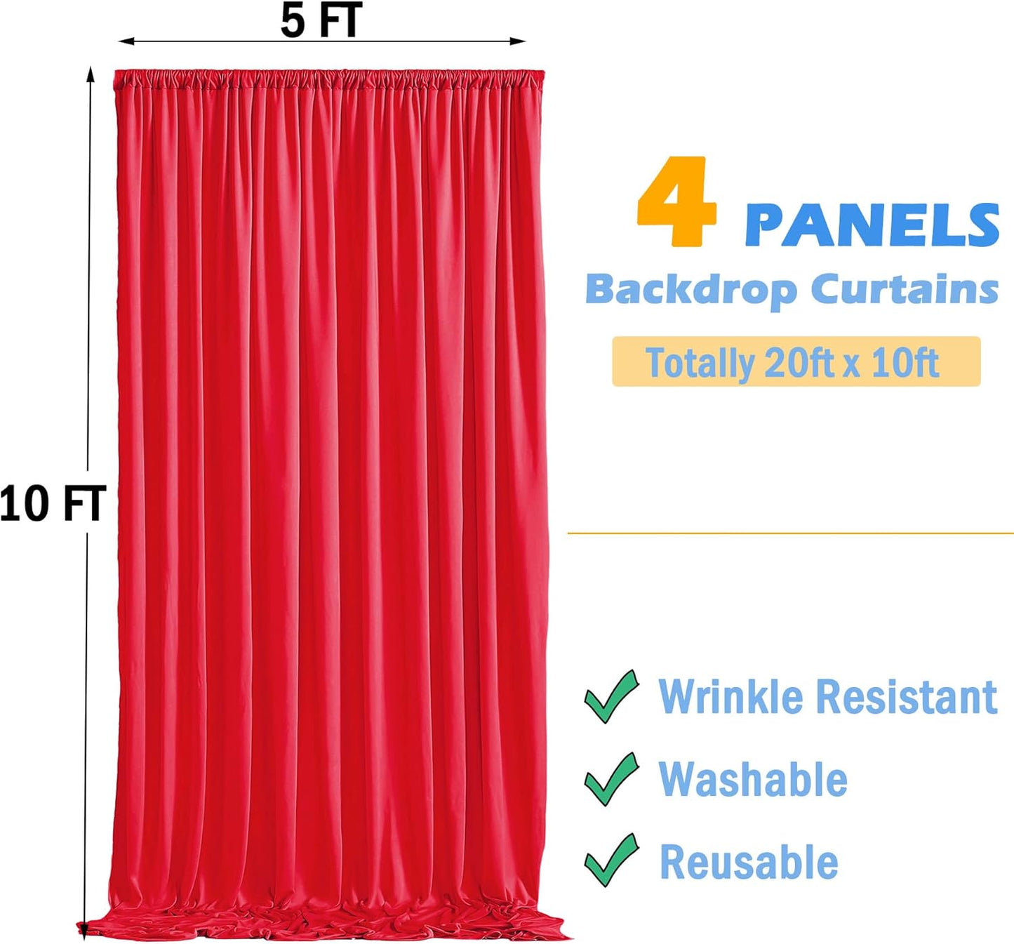 20ftx10ft Red Backdrop Curtains for Parties, Wrinkle Free 4 Panels 5x10ft Silky Polyester Photo Backdrop Drapes Back Drop Cloth for Wedding Birthday Photography Baby Shower Background Decor