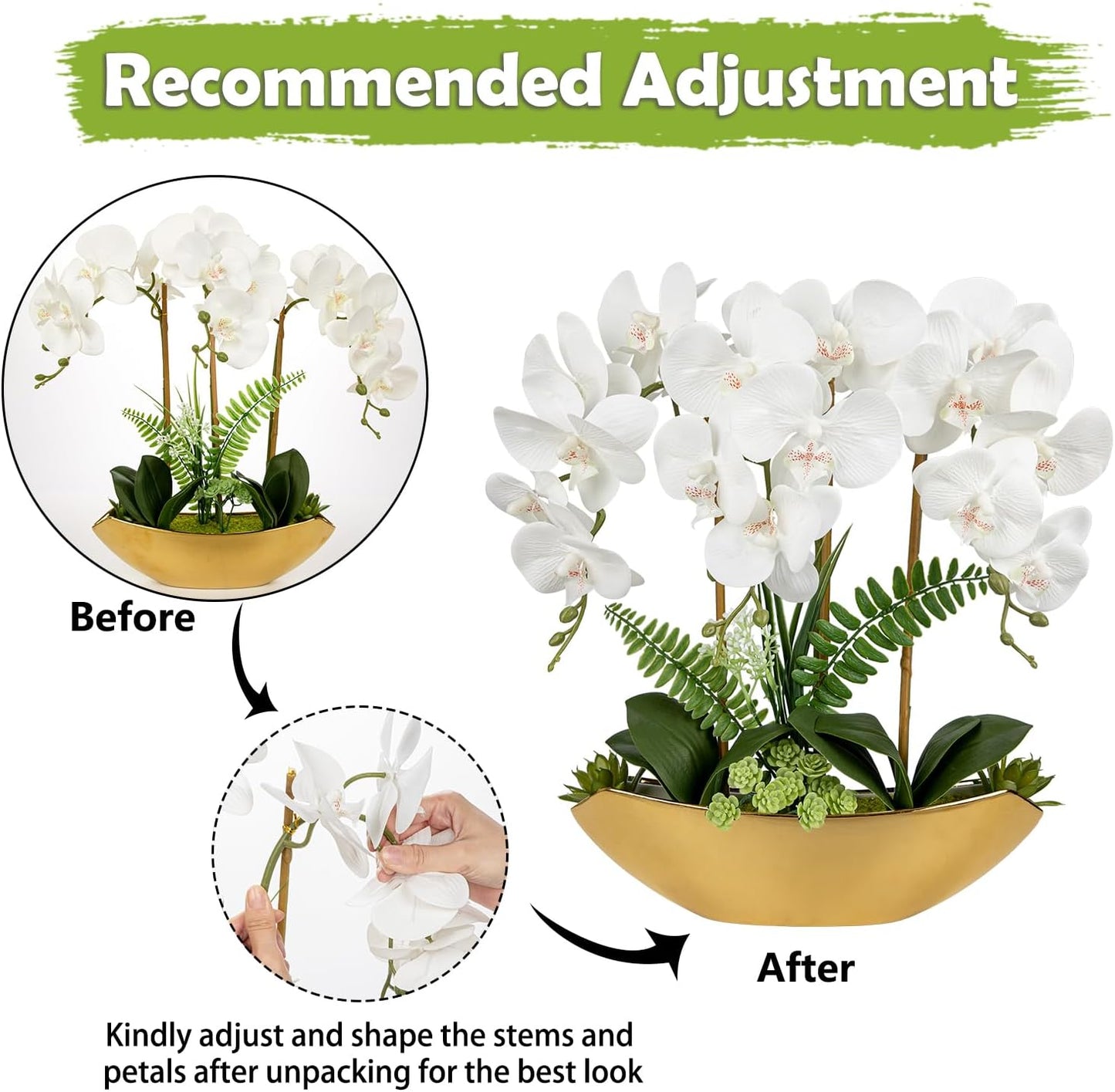 Briful Orchid Fake Flowers 18in White Artificial Orchid Silk Flowers in Gold Pot Faux Orchid Arrangement for Home Office Bathroom Dining Table Modern Decoration